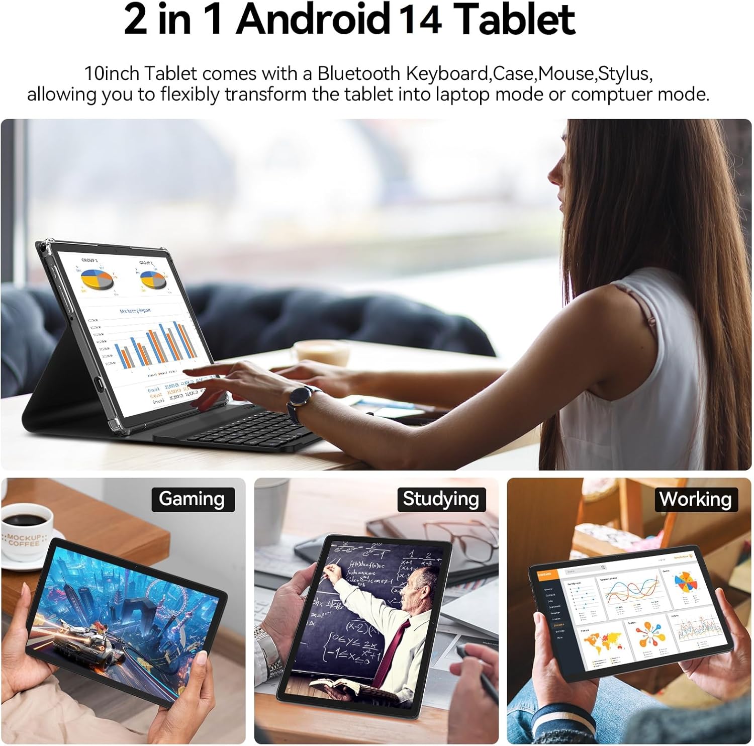 Tablet 10 Inch Android 14 Tablet, Octa-Core 5G WiFi, 4G Cellular Tablet 128GB ROM 14GB RAM, 2024 Newest Tablet with Keyboard Bundle 1TB Expand Android Tablet 13MP+8MP Dual Camera, GPS Tab HD Display