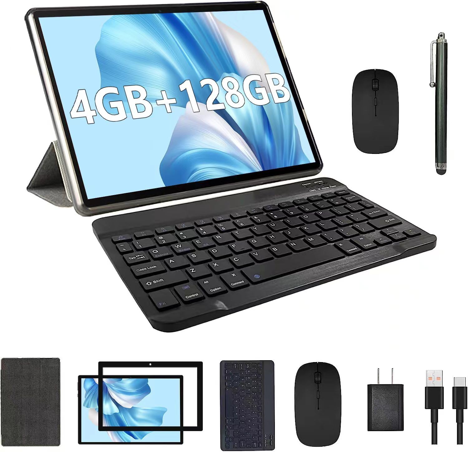 Tablet 10 inch Android Tablet with Keyboard 2 in 1 4GB RAM+128GB ROM/1TB Expandable include Case Mouse Stylus Pen Tempered Film Tableta, 5G WIFI WiFi6 BT5.0 Android 11 Tablet 8MP Dual Camera Tablet PC