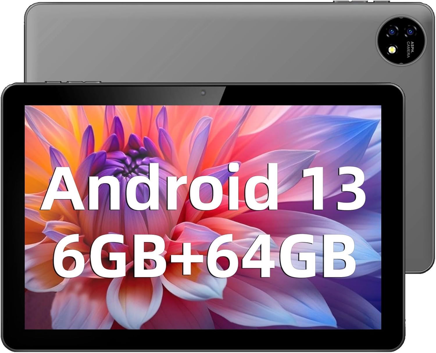 Tablet 10 inch Android Tablets, Android 13 Tablet, (2+4) 6 GB RAM Quad Core Processor 64GB Storage Tablet Computer, GPS, FM, GMS Certification IPS HD Screen 6000mAh Long Battery Life (Black)