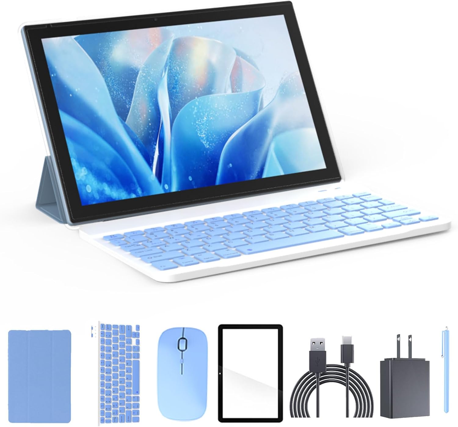 Tablet 2 in 1 Tablets 10 inch Android 12 Tablet Set with Keyboard Case Mouse Stylus Film, 4GB+64GB Tablets 10.1 Tab 1280*800 HD Touch Screen, 8MP Dual Camera Games Wi-Fi Bluetooth Tableta PC Blue.