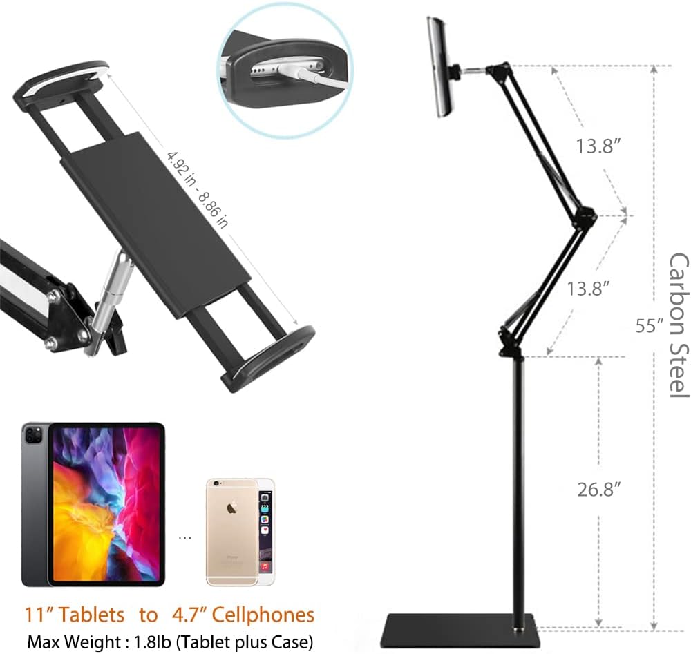 Tablet Floor Stand, Overhead Bed Phone Stand Angle Height Adjustable Holder, Universal Floor Stand Compatible with iPhone iPad Pro Air Mini, Samsung Tab, Kindle, E-Readers…