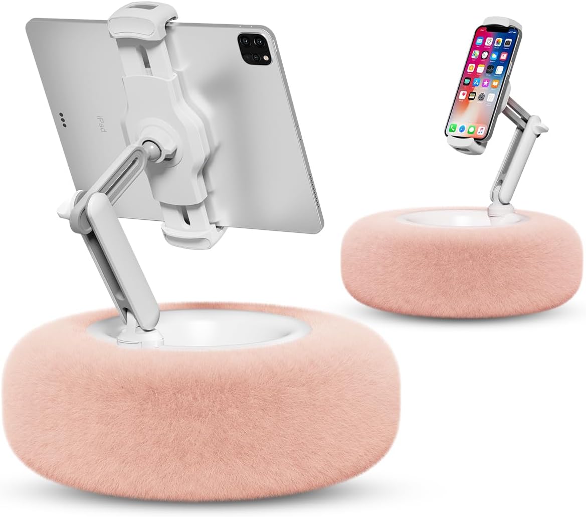 Viozon Tablet Stand Pillow, Compatible with 4.7-13 Phone/Tablet, iPad, iPhone, Samsung, Google, Kindle, 360°Adjustable Phone Holder for Bed with Soft Plush Fabric, and Detachable Bowl, Pink