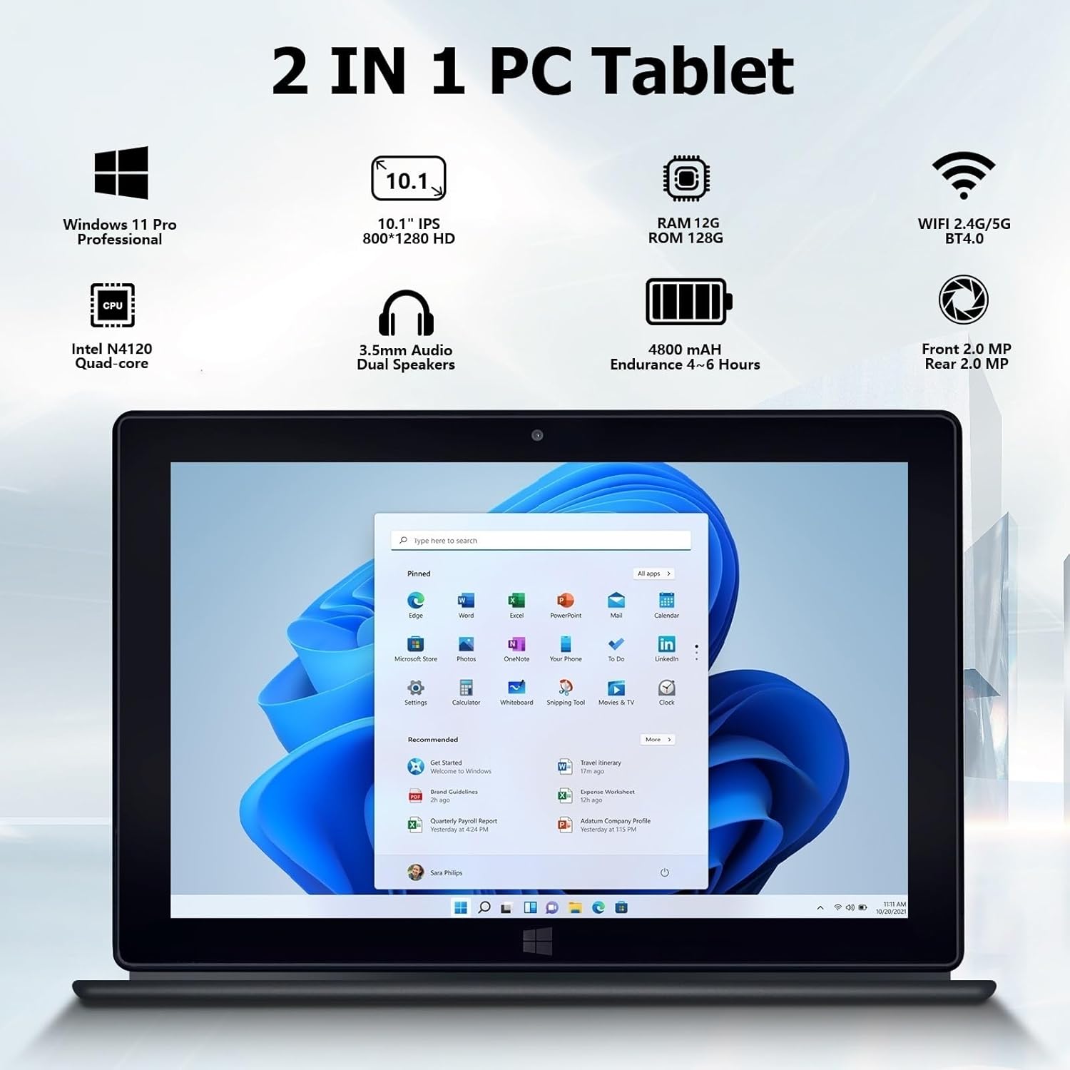 Windows Tablet, 2 in 1 10.1 Inch Windows 11 Pro Tablet PC, 12GB RAM 128GB ROM, 1280x800 IPS HD Touchscreen, Intel N4120 Quad-Core CPU Windows Tablet with Keyboard/WIFI/Bluetooth/Dual Cameras