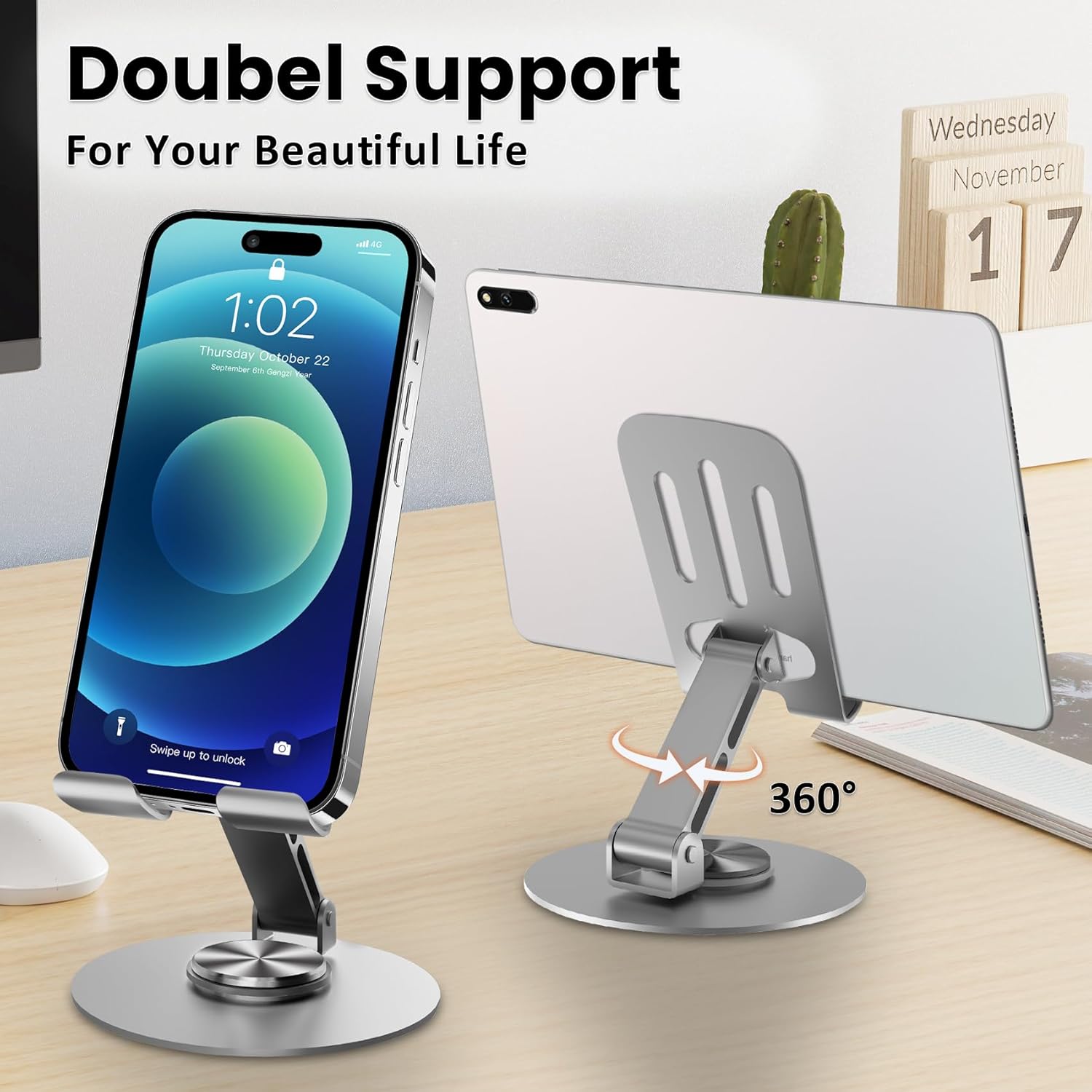 2PCS Cell Phone Stand, Multi-Angel Adjustable 360° Rotation Non-Slip Metal Phone Stand Compatible with iPone Android Smartphone and Tablet(GreyGrey)