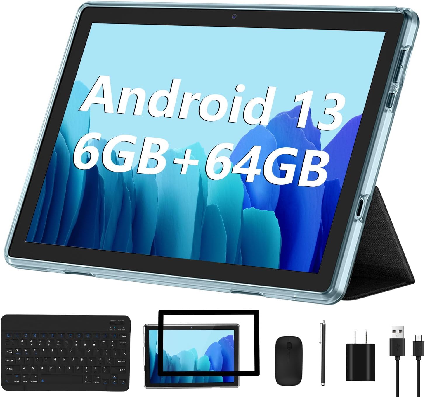 Android 13 Tablet 2023 New 10 Inch Tablets with 6GB RAM + 64GB ROM + 1TB Expanded Ouad-Core, 2 in 1 Tablet with Keyboard Mouse WiFi 6 Bluetooth, GMS Certified IPS Touch Screen Tablet - Blue Set