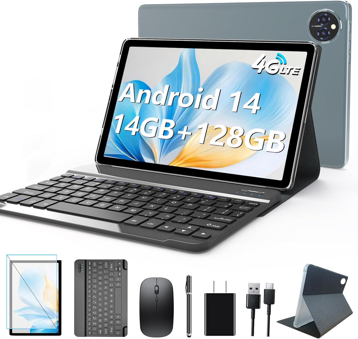 Android 14 Tablet 10 Inch, 4G Cellular Tablet, Octa-Core, 128GB Storage + 14(8+6)GB RAM/ 1TB Expandable, 5G WiFi, 8000mAh Battery, Bluetooth 5.0, 13MP+8MP Camera, Tablet with Keyboard/Case Kit, Gray