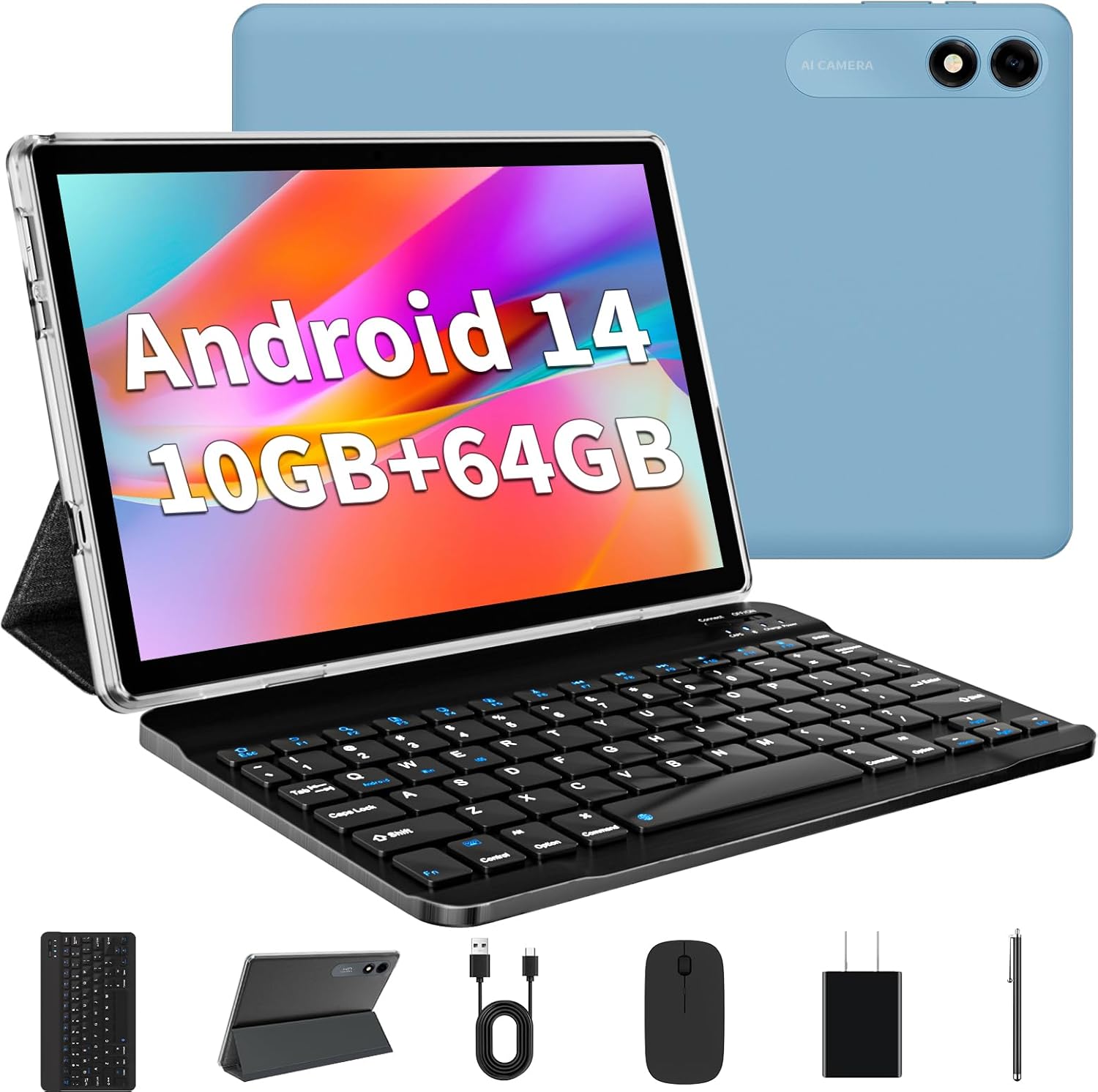 Android 14 Tablet 10.1 inch Tablet 2024 Latest Tablet with Keyboard Mouse 10GB+64GB 1TB Expand 6000mAh Octa-Core Processor Dual Camera WiFi 1280x800 IPS 18W Fast Charging