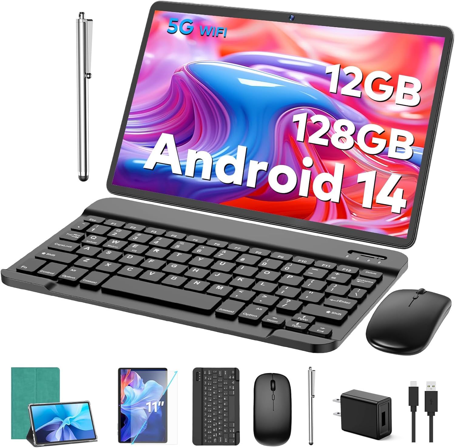 Android Tablet, 11 inch Android 14 Tablet with Keyboard, 12GB+128GB, 1TB Expand, 8000mAh, 5MP+13MP, 2.4G5G WiFi, IPS Touch Screen, GMS Certified, 2 in 1 Tablets with Case, Mouse, Stylus(Green)