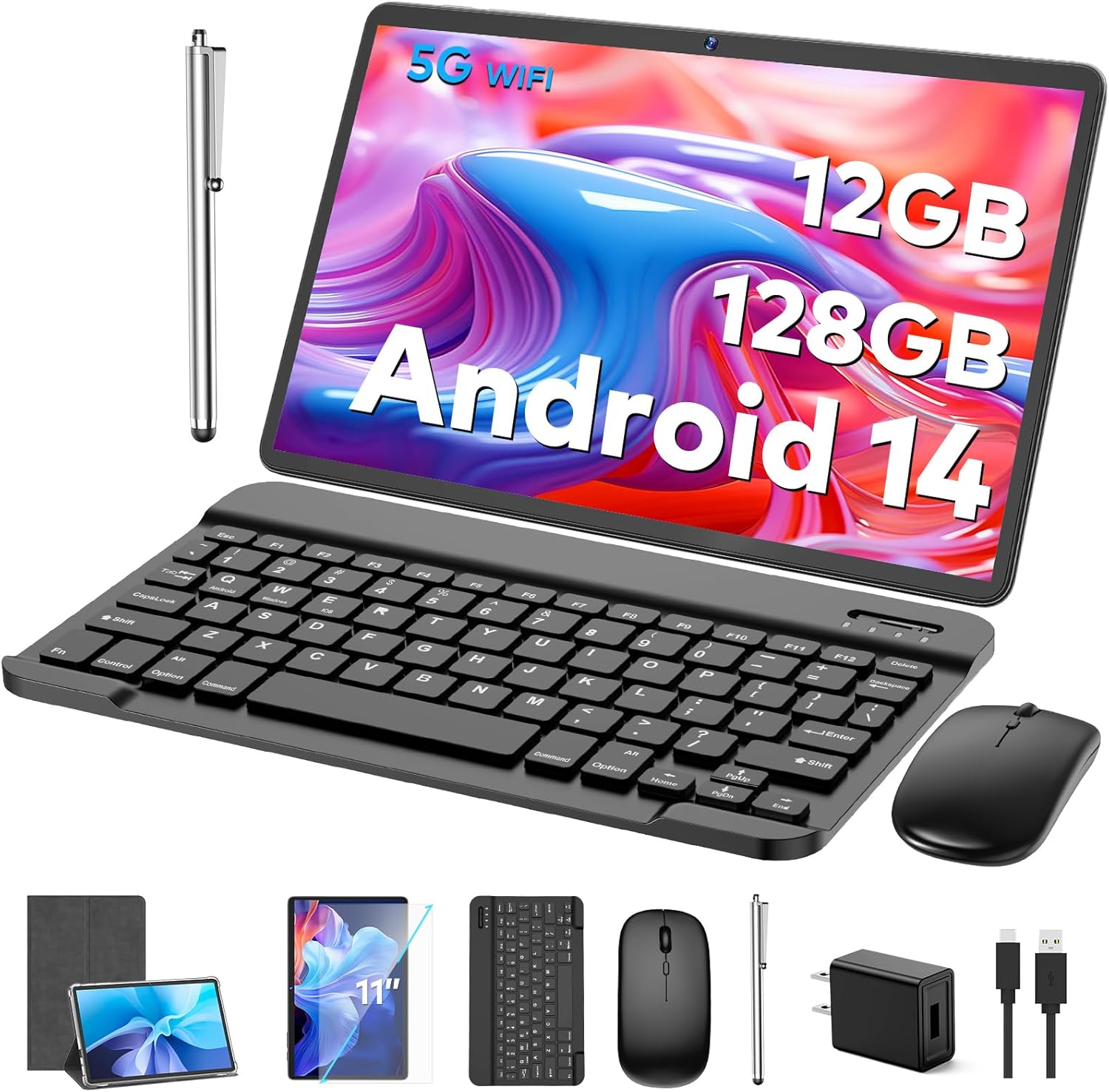 Android Tablet, 11 inch Android 14 Tablet with Keyboard, 12GB+128GB, 1TB Expand, 8000mAh, 5MP+13MP, 2.4G5G WiFi, IPS Touch Screen, GMS Certified, 2 in 1 Tablets with Case, Mouse, Stylus(Green)