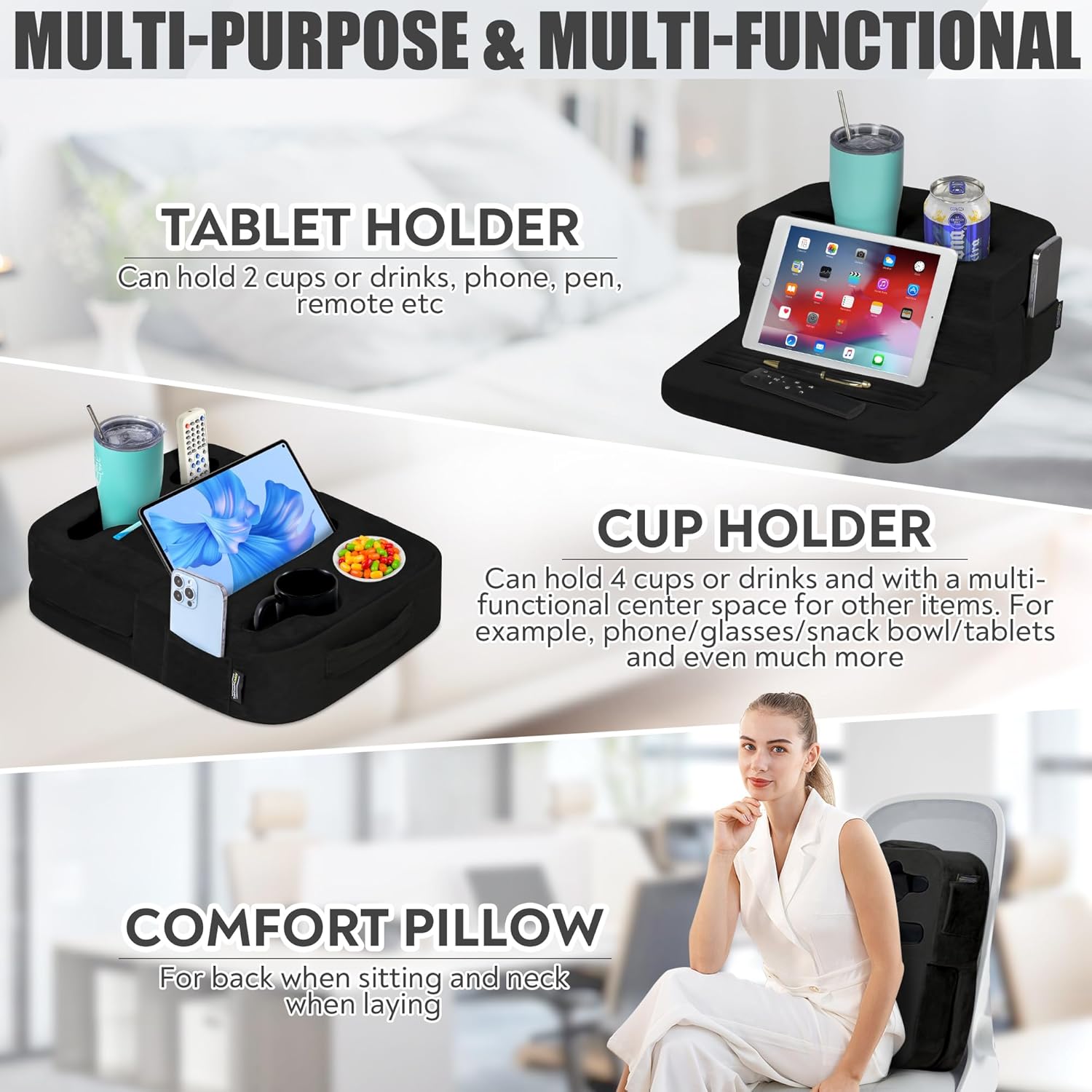 Couch Cup Holder Tray Pillow - Bed, Couch Caddy, Sofa, RV  Car - Holds Drinks, Snacks, Remotes, Phones, Kindle, Tablet | Bed Cup Holder (Leopard)