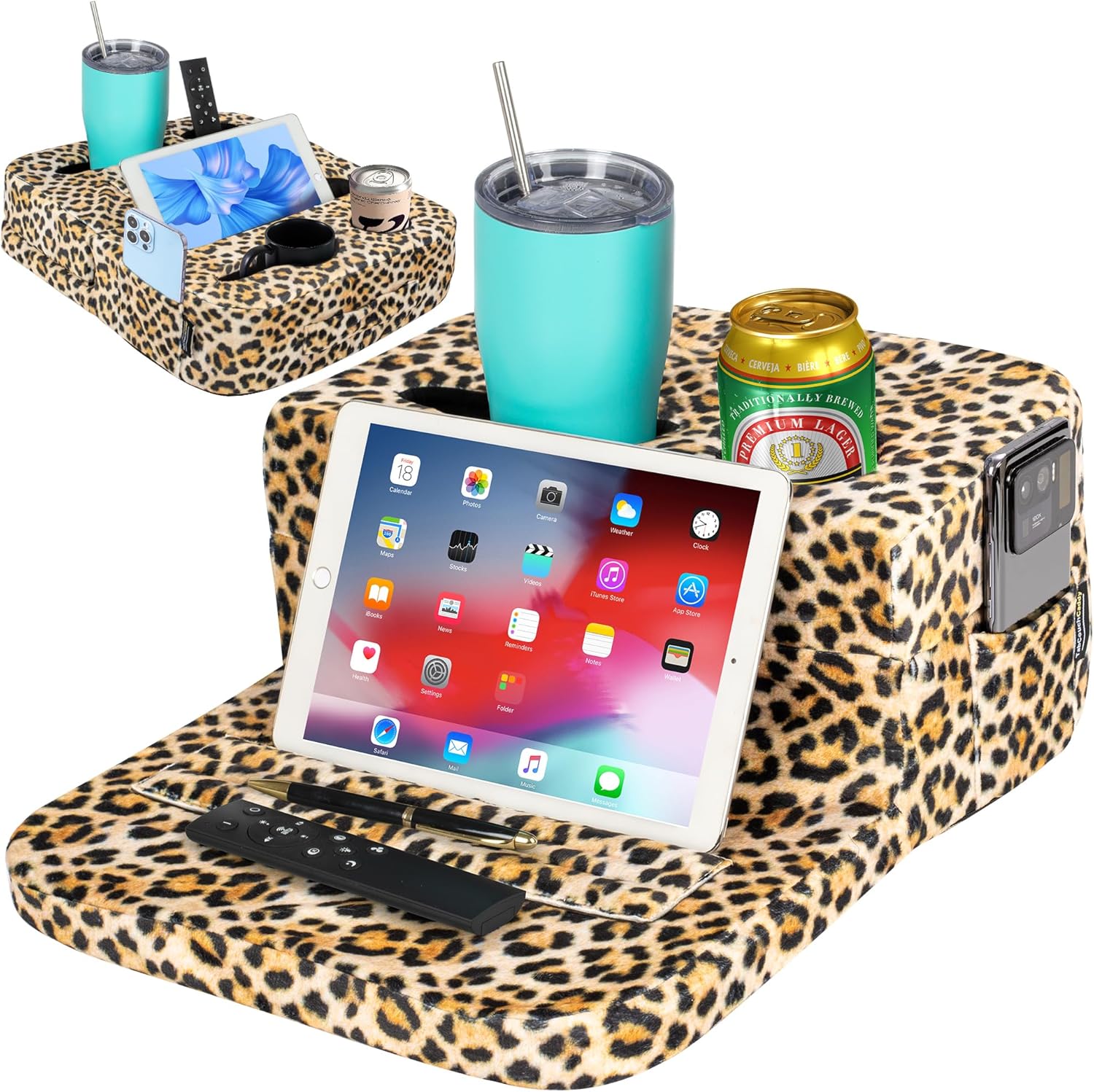 Couch Cup Holder Tray Pillow - Bed, Couch Caddy, Sofa, RV  Car - Holds Drinks, Snacks, Remotes, Phones, Kindle, Tablet | Bed Cup Holder (Leopard)