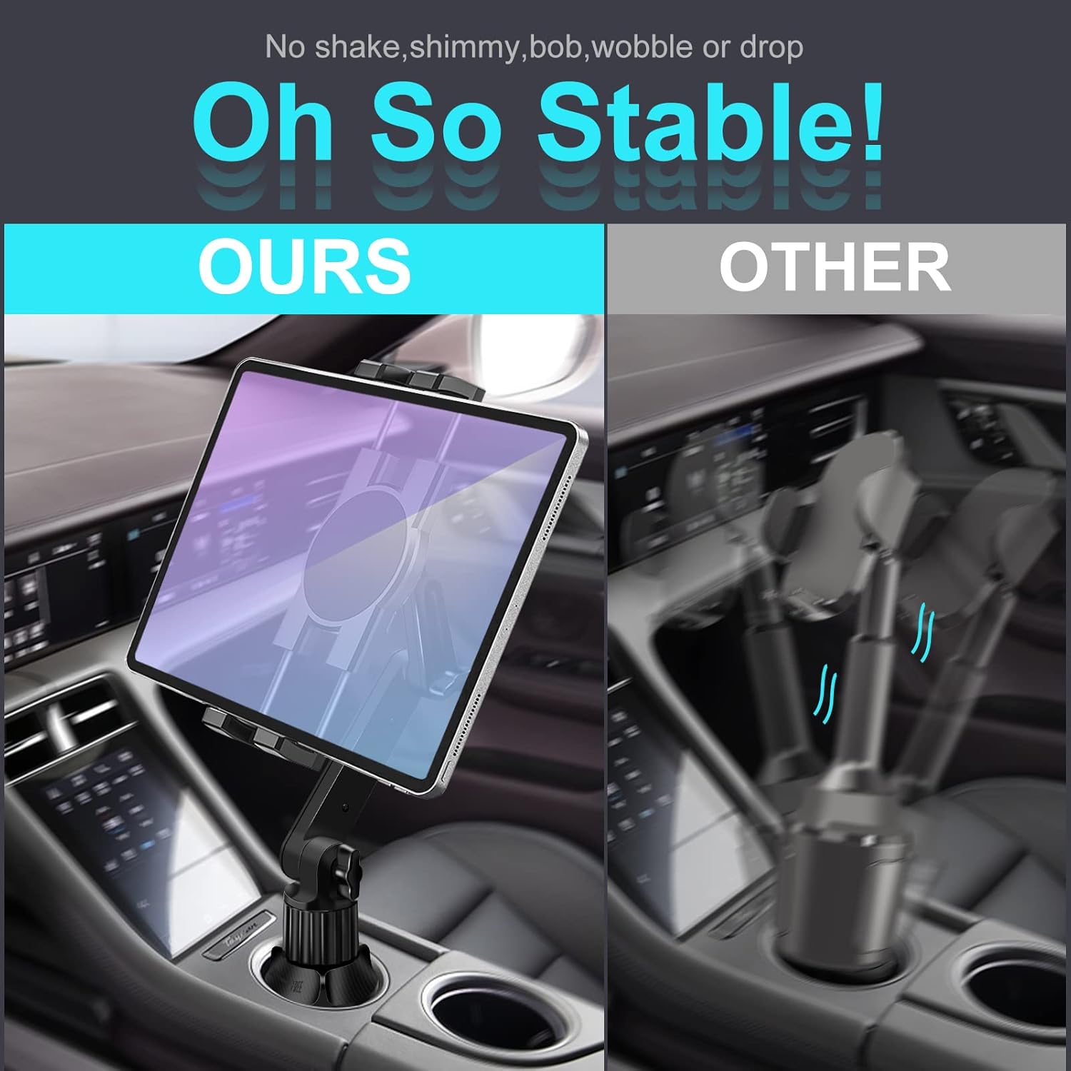 Cup Holder Car Tablet Mount for Truck, 360° Adjustable 15 Long 2-Arm Stand Holder for iPad Pro 12.9/11/10.5/9.7/Air/Mini 6/5/4, Samsung Galaxy Tab/Z Fold 4/3, iPhone 15/14/Pro, 4.7-12.9 Tab Phone