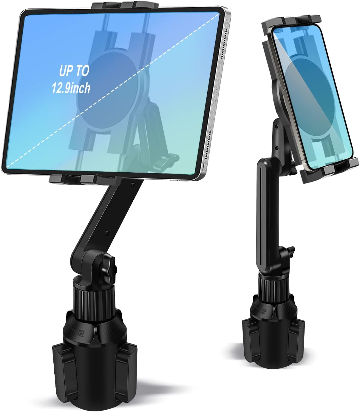 Cup Holder Car Tablet Mount for Truck, 360° Adjustable 15 Long 2-Arm Stand Holder for iPad Pro 12.9/11/10.5/9.7/Air/Mini 6/5/4, Samsung Galaxy Tab/Z Fold 4/3, iPhone 15/14/Pro, 4.7-12.9 Tab Phone