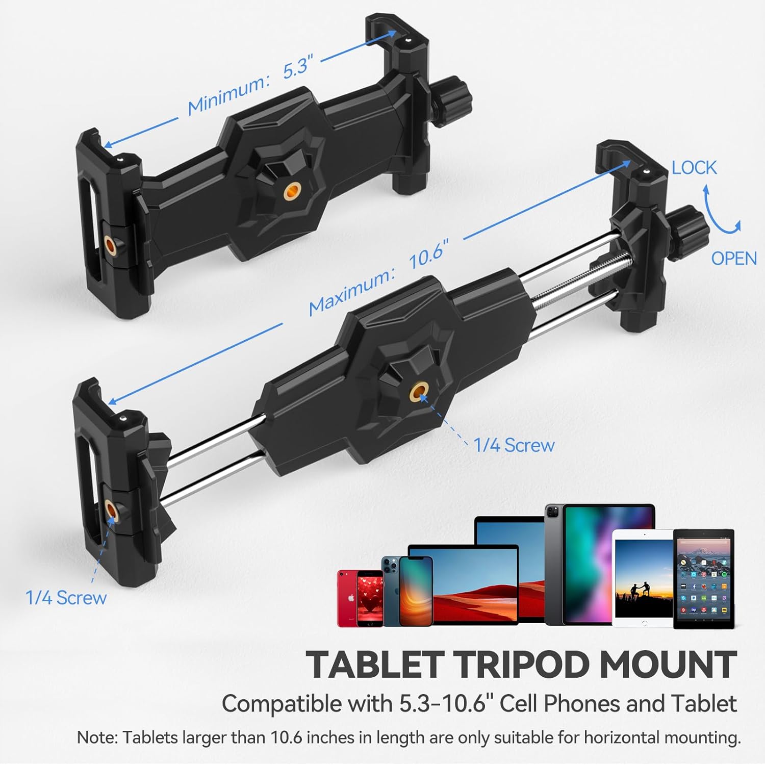 iPad and Phone Tripod Mount Adapter with Ball Head, iPad Holder for Tripod, 360 Rotatable Tablet Clamp Mount fits iPad Pro 12.9, iPad Air Mini 3 4, Galaxy Tab, Surface Pro, Selfie Stick(5.3-10.6)