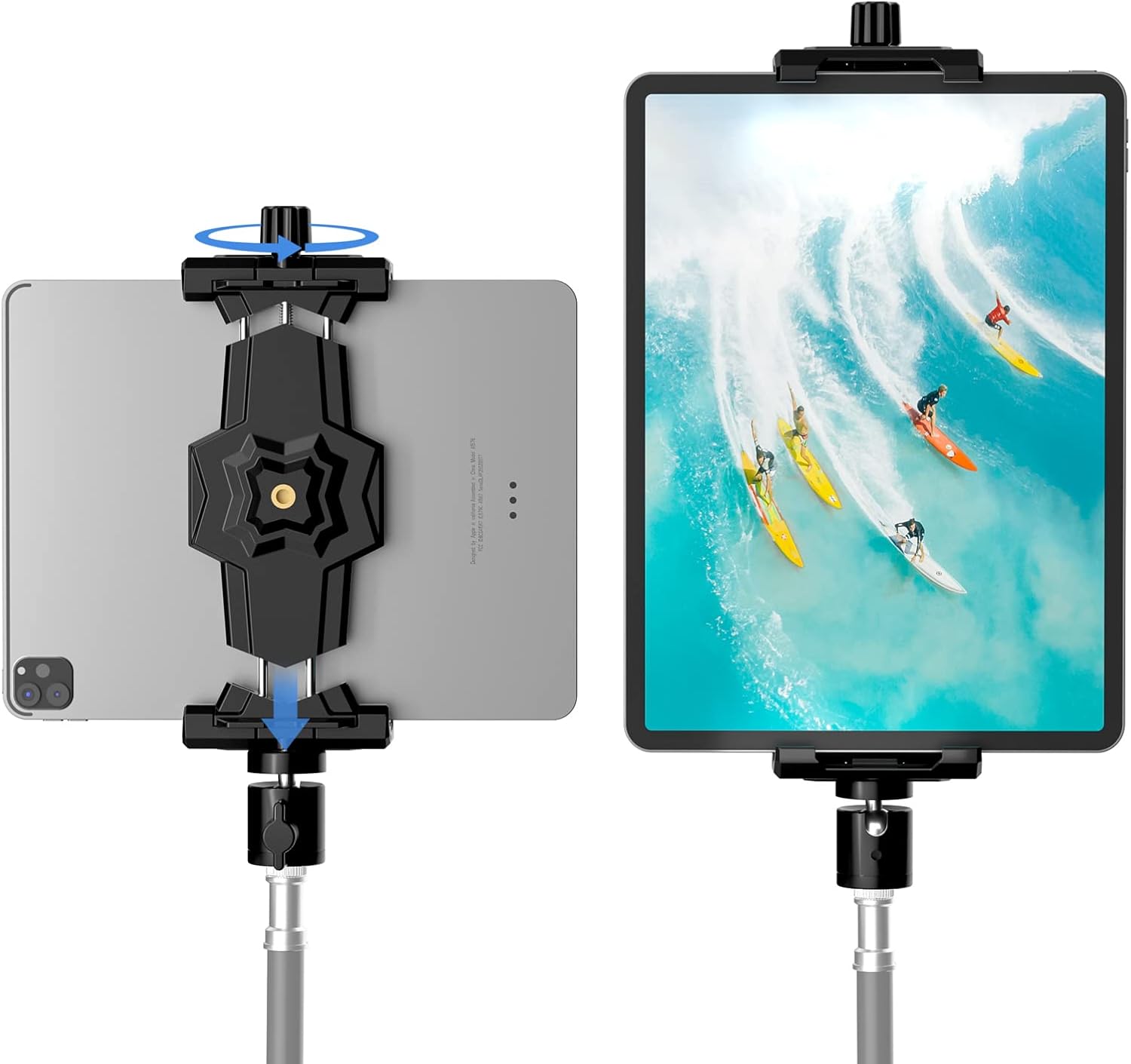 iPad and Phone Tripod Mount Adapter with Ball Head, iPad Holder for Tripod, 360 Rotatable Tablet Clamp Mount fits iPad Pro 12.9, iPad Air Mini 3 4, Galaxy Tab, Surface Pro, Selfie Stick(5.3-10.6)