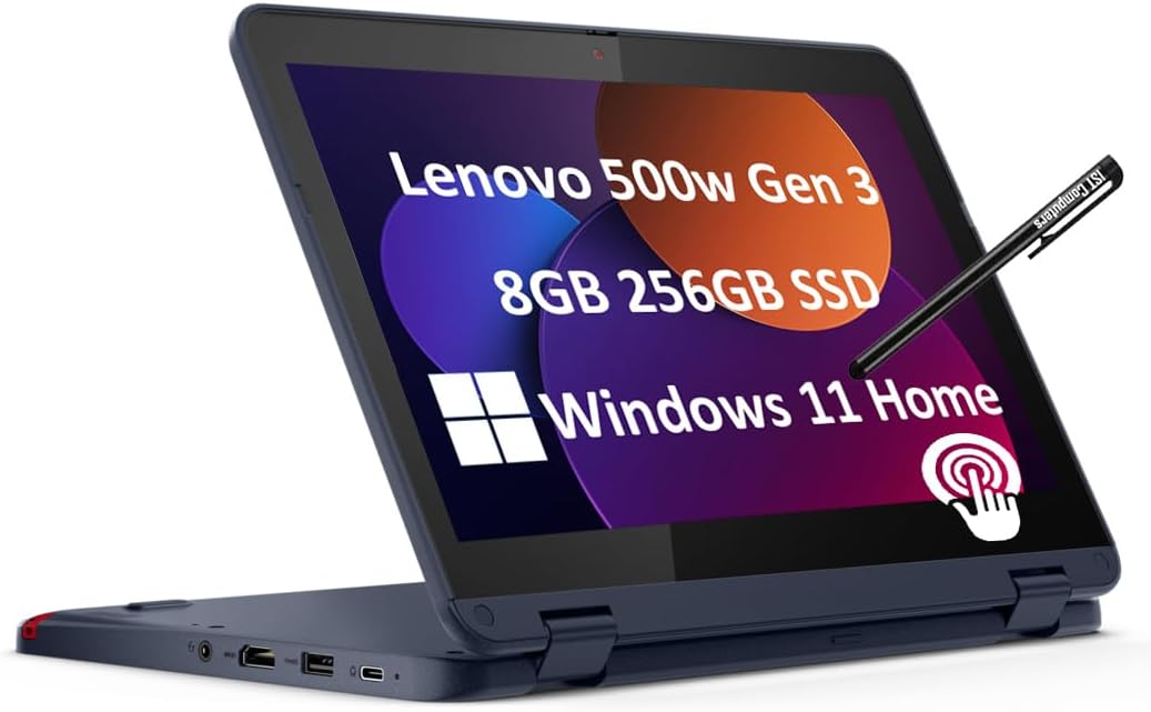 Lenovo 500w Gen 3 2-in-1 Laptop (11.6 Touchscreen, Intel Pentium N6000, 8GB RAM, 256GB SSD) Ruggedized  Water Resistant for Student  School, Webcam, Wi-Fi, IST Pen, Win 11 Home, Blue, 2024