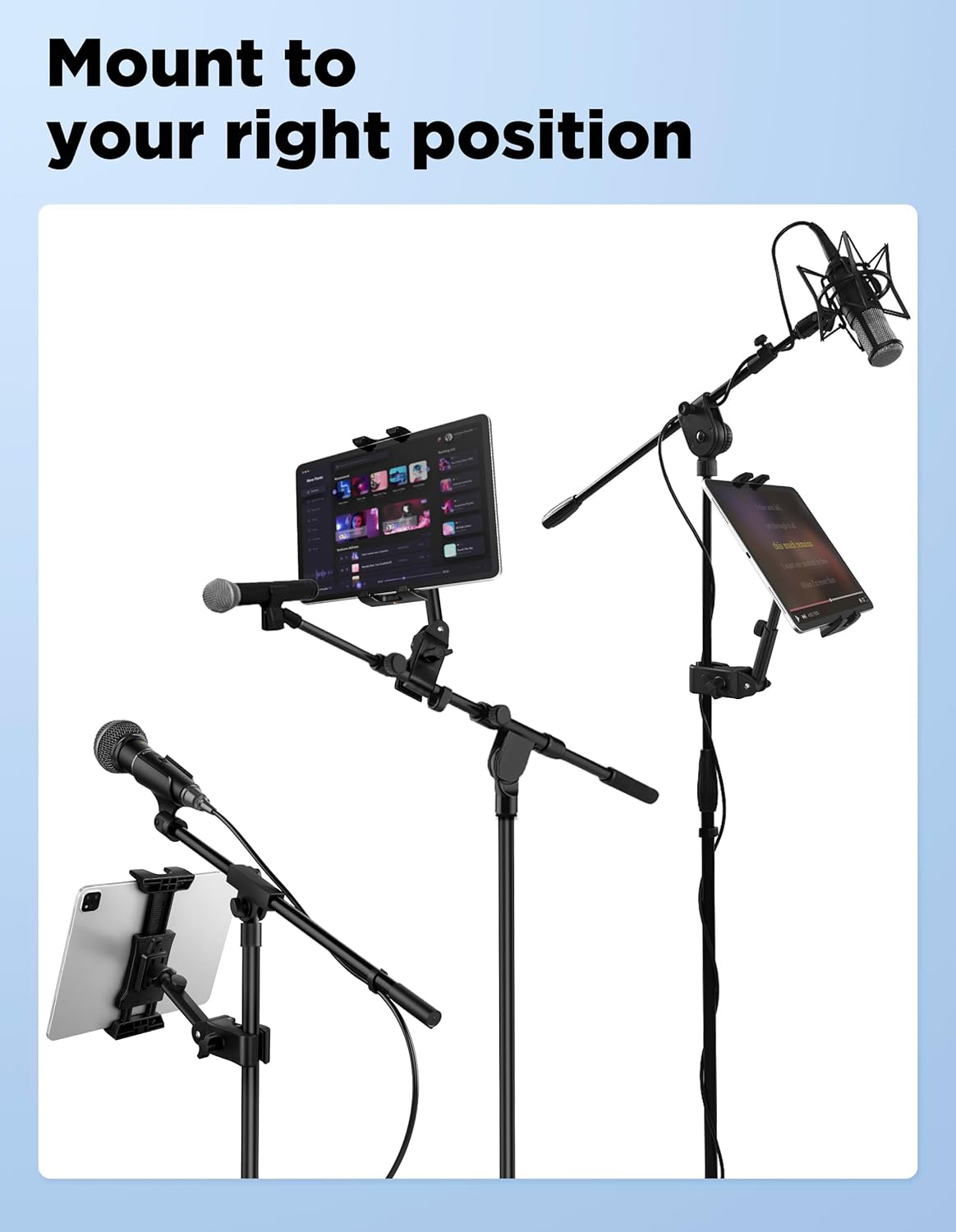 LZSIG Updated Tablet Mount Holder for Mic Stand, Adjustable Microphone Music Stand iPad iPhone Holder Stand, Compatible with Kindle, Android, All 4.7 to 13.5-inch Tablets  Smartphones (L)