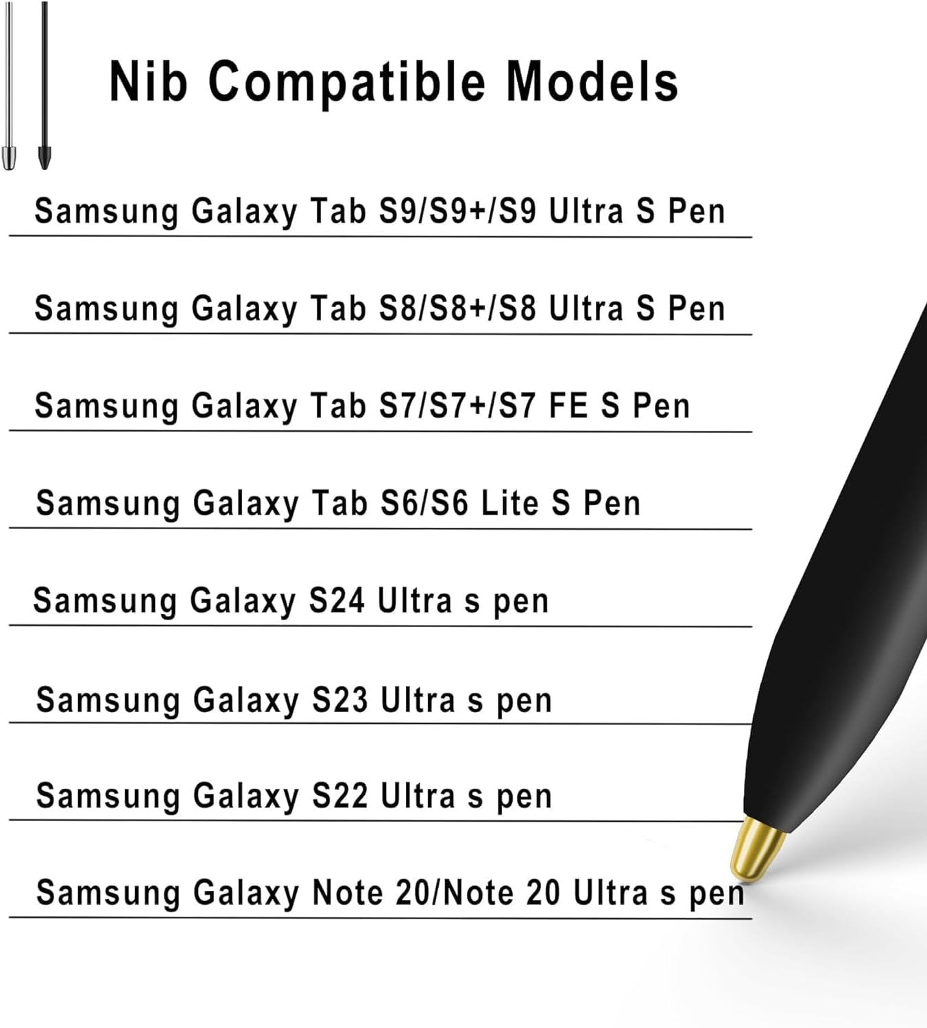 Metal Nibs/Tips Replacement for Samsung Galaxy Tab S9/S9FE+/S9 Ultra/S8/S8+/S8 Ultra/S7/S7 FE/S6/S6 Lite/S22/S23/S24 Ultra S Pen，Plastic + Titanium Nibs/Tips+Clip (2+10 pcs Set)