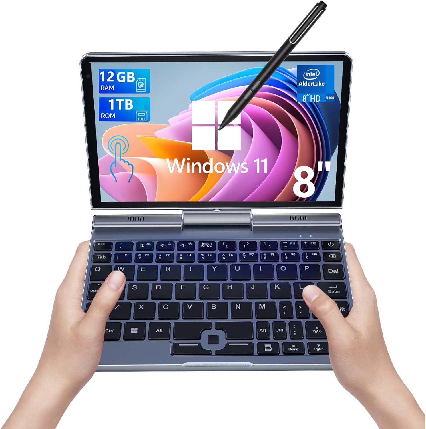 Mini Laptop,8 inch HD Touch Screen Mini Computer Windows 11 Pro,Intel N100 4 Cores 2-in-1 Pocket PC 12GB LPDDR5 RAM 1TB M.2 SSD, Gigabit | Wi-Fi 6 | BT5.2 | 2MP Camera | G-Sensor | HDMI