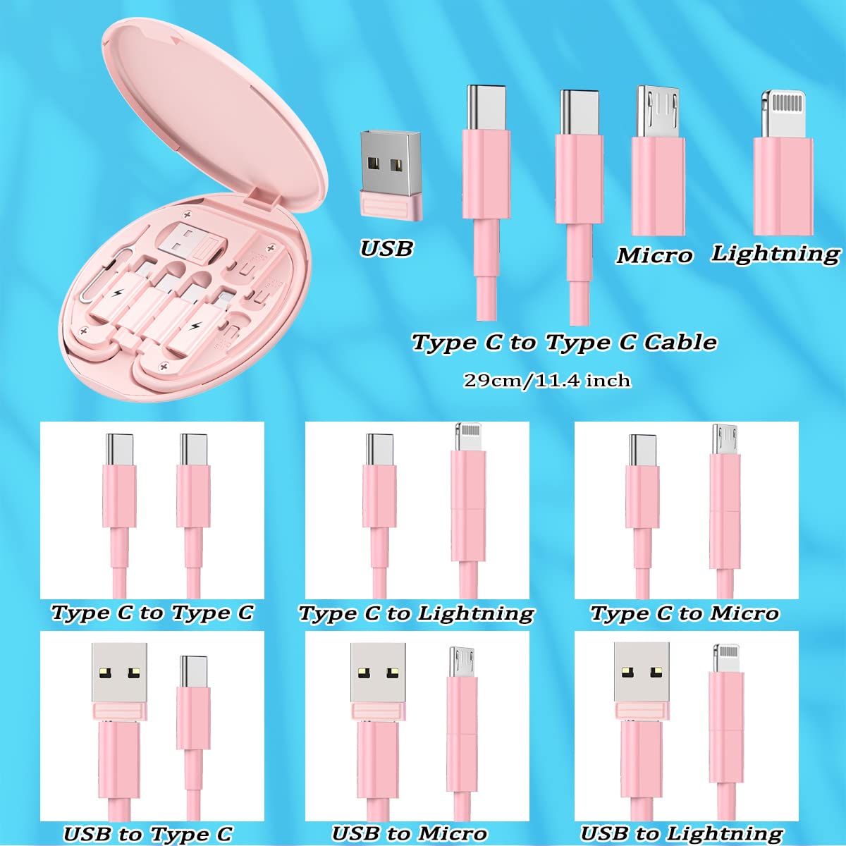 Multi USB Charging Adapter Cable Kit, USB C to Lighting Adapter Box, Conversion Set USB A  Type C to Male Micro/Type C/Lightning, Data Transfer, Card Storage, Tray Eject Pin, Phone Holder (Pink)