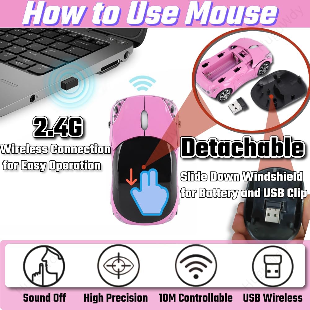 Pink Wireless Mouse，2.4G Wireless Car Mouse with USB Reciver 1600DPI Optical Mouse Cute Wireless Mouse for PC Computer Laptop Tablet for Win XP/Vista/Win7/ME/2000/for Mac OS(Cute Car Mouse)