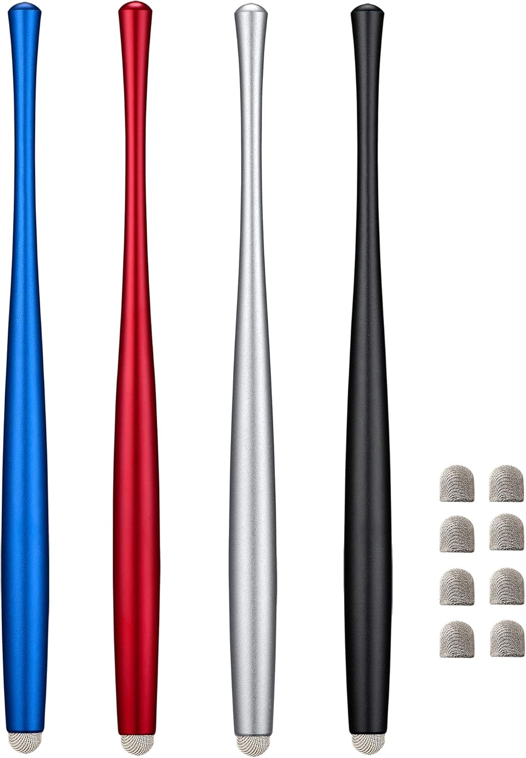 Slim Waist Stylus Pens for Touch Screen, Compatible with iPad, iPhone, Kindle Fire, 8 Extra Replaceable Hybrid Fiber Tips (Black,Silver,Blue, Red)