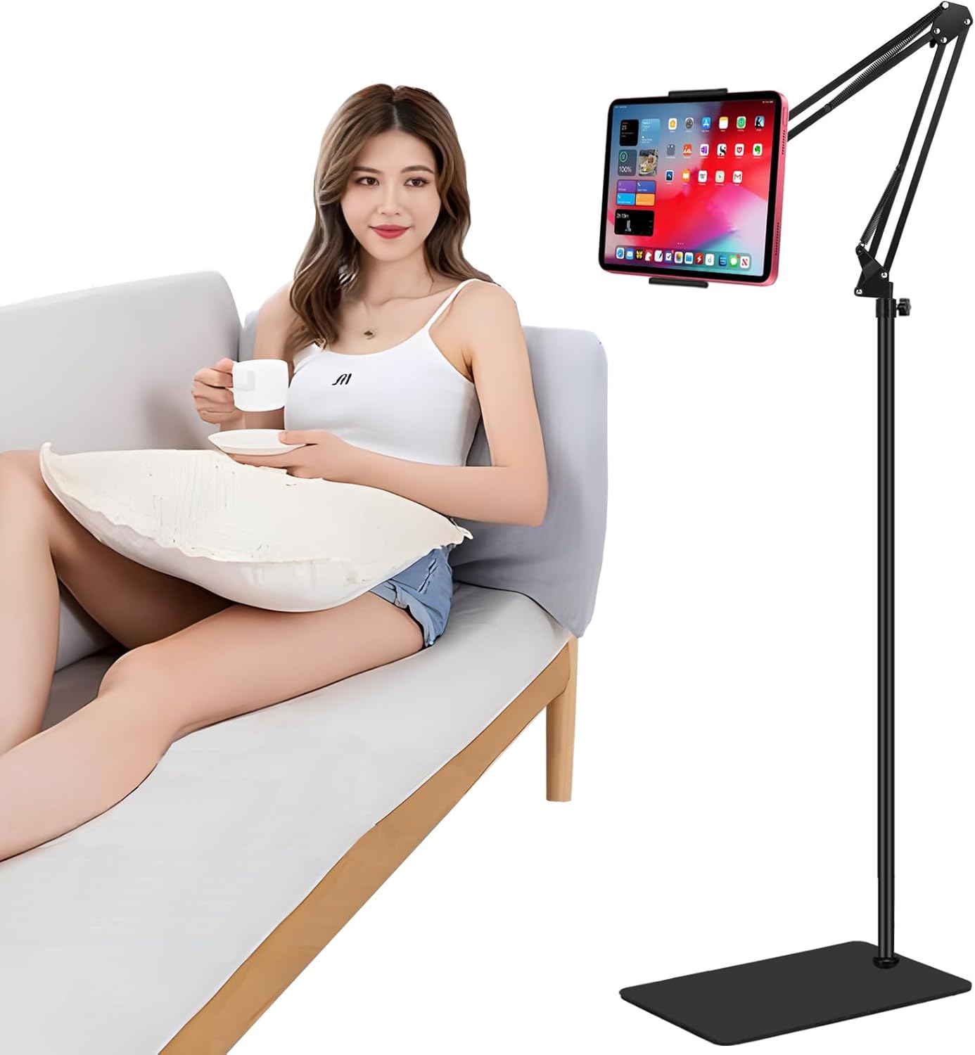 Tablet Floor Stand, Adjustable Universal 360-degree Rotatable Metal Tablet Holder, Compatible with iPad/iPhoneX/iPad Pro or Other 5.5~12.9 Inches Devices (Black)