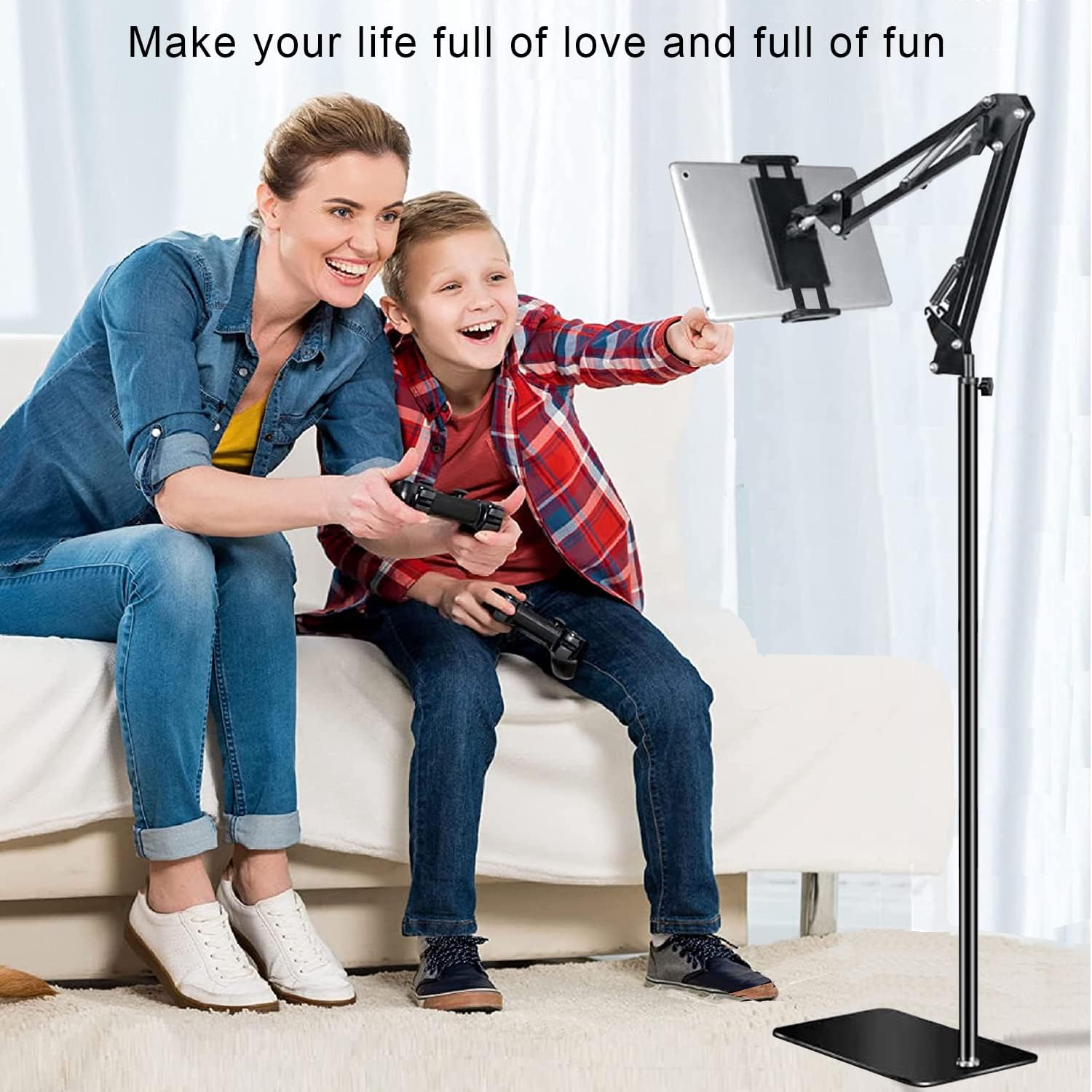 Tablet Floor Stand with Heavy Duty Base【Ultra Sturdy】, Overhead Bed phone Stand Angle Height Adjustable, Compatible with iPad Mini Air Pro 12.9/9.7, Galaxy Tab, Kindle, Cell Phones (4.5-13)