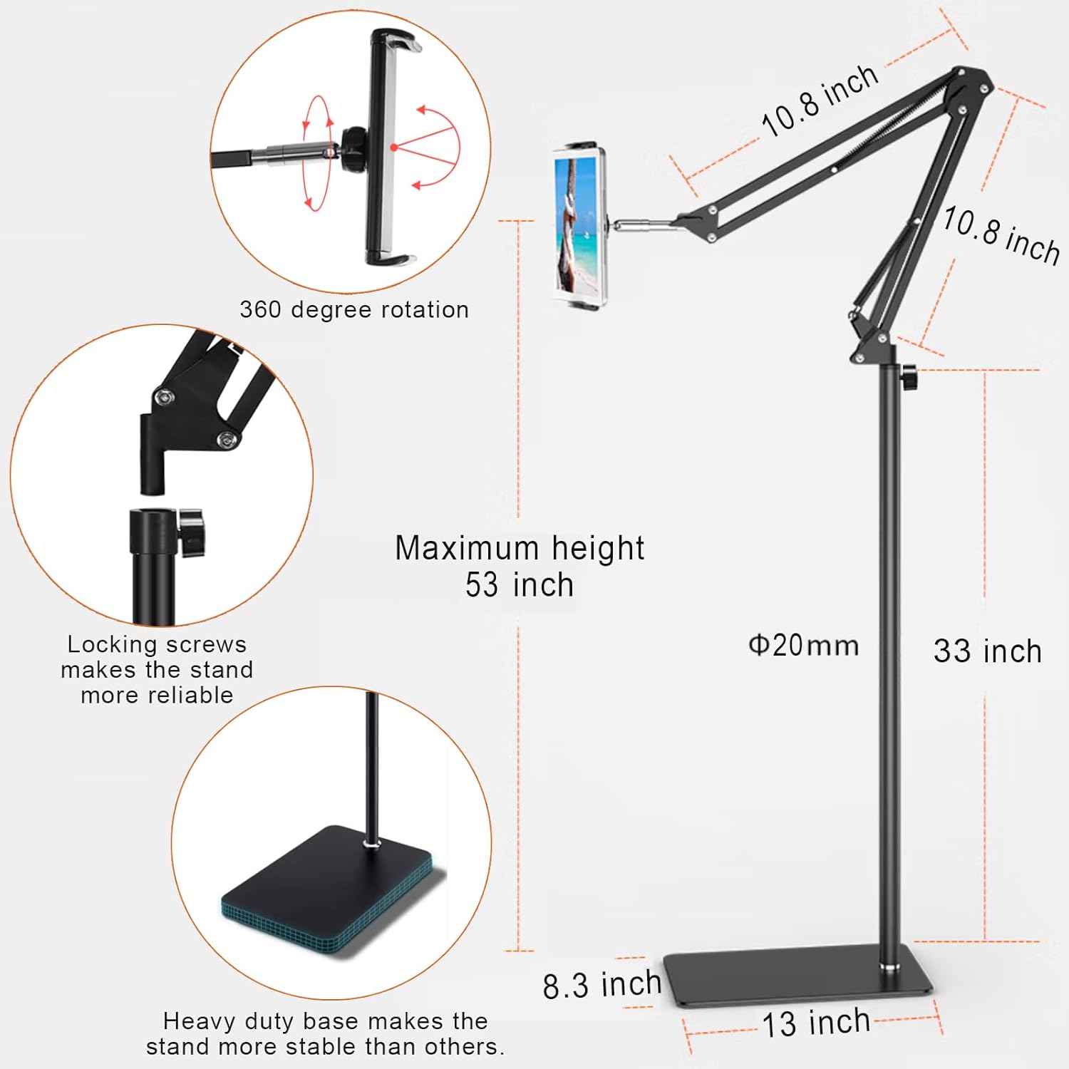 Tablet Floor Stand with Heavy Duty Base【Ultra Sturdy】, Overhead Bed phone Stand Angle Height Adjustable, Compatible with iPad Mini Air Pro 12.9/9.7, Galaxy Tab, Kindle, Cell Phones (4.5-13)