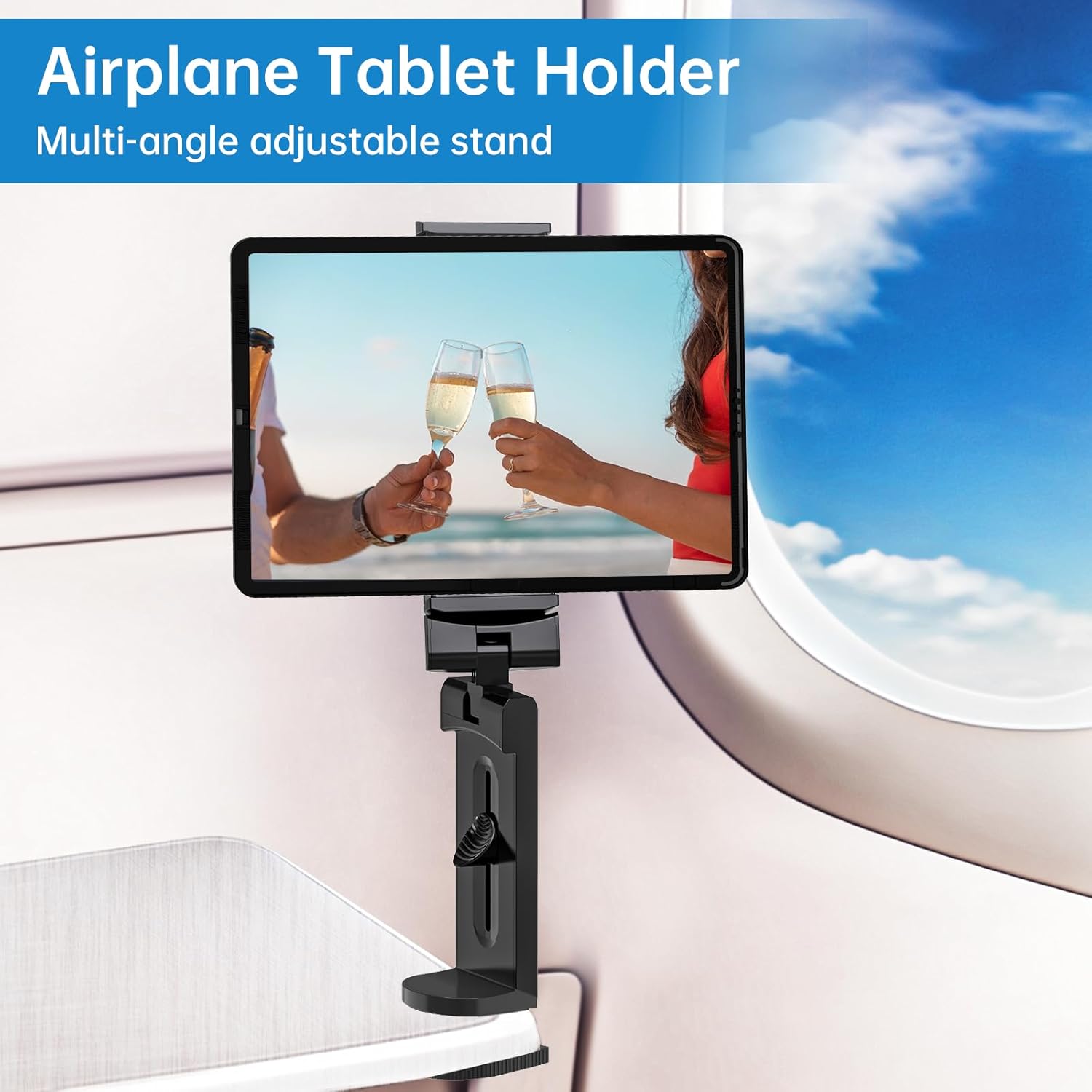 Universal Airplane Tablet Holder,Travel Tablet Stand,Handsfree Travel Essential Tablet Mount with Multi-Directional 360 Degree Rotation for Flying, Desk, Study, Compatible with iPad/Galaxy Tabs/Kindle