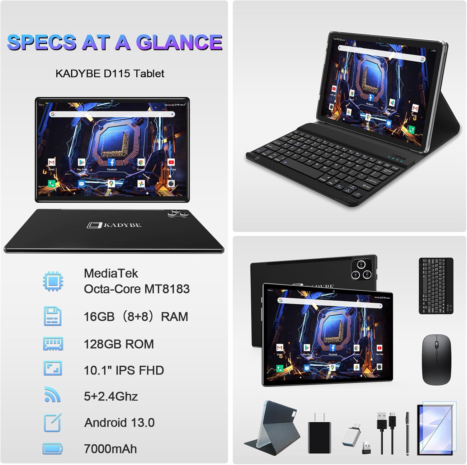 2024 Newest Tablet Android 13 Tablets 10 Inch, Tablet 128GB ROM+16GB RAM (8+8 Virtual), 2 In 1 Tablet with keyboard, Powerful Octa-Core+13MP Camera, 1TB TF Expandable, FHD IPS Display WiFi Tablet PC