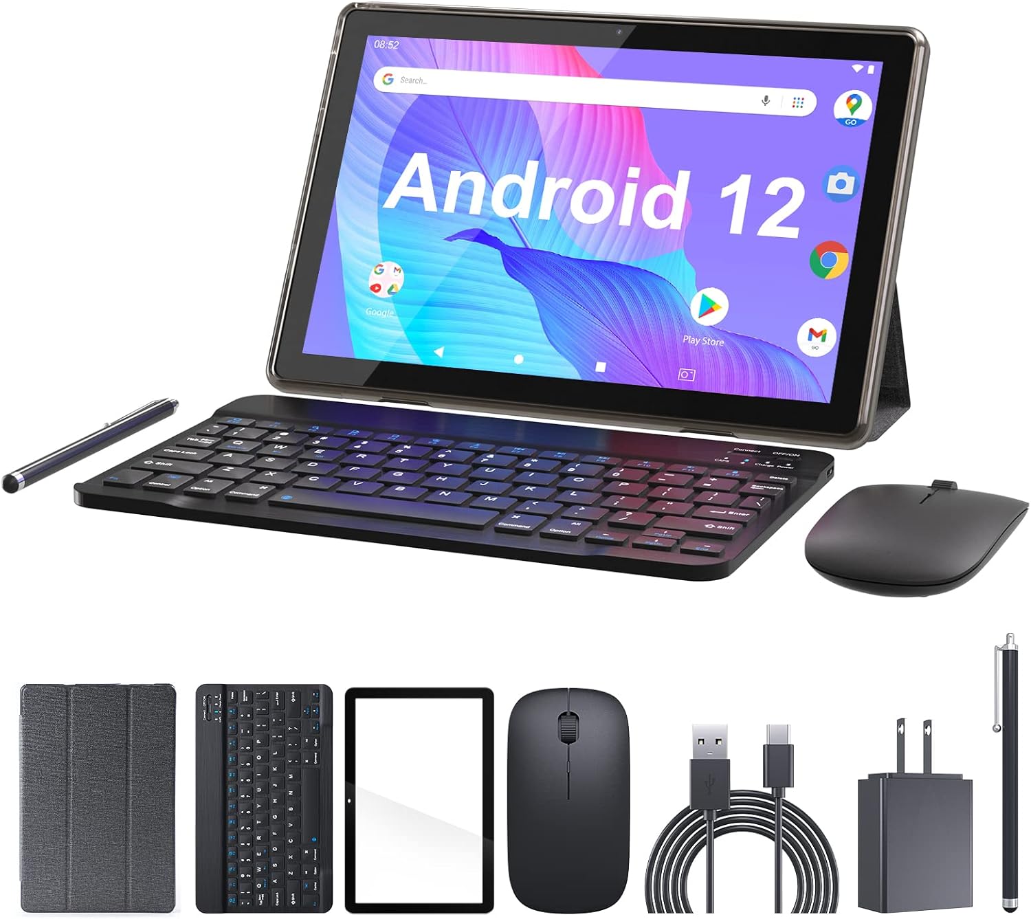 Tablet 10.1 Inch Android 12 OS Tableta, 2 in 1 Tablets with Keyboard, Mouse, Case, Stylus, Tempered Film , 32GB ROM+2GB RAM, 8MP Dual Camera, Quad Core Processor, 6000mAh Battery, 1280 * 800 FHD Tab