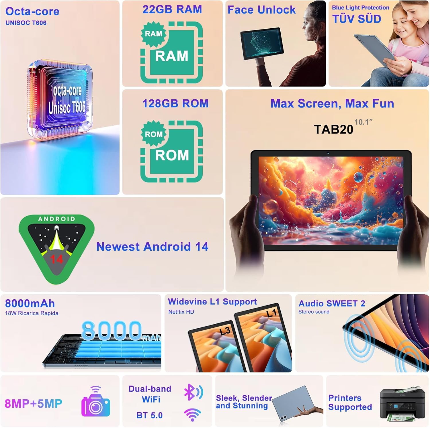 2024 Android 14 Tablet, 22G+128G/1TB Expansion, 10 inch Tablets with 8000 mAh Battery, Octa-Core, GPS, Split-Screen, Face Unlock, 2 in 1 Tablet with Keyboard, Mouse, Case, Metal Gold