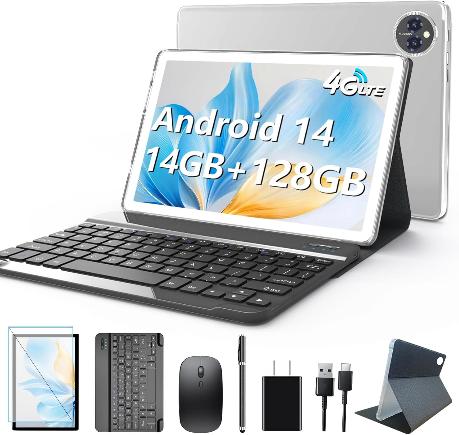 Android 14 Tablet 10 Inch, 4G Cellular Tablet, Octa-Core, 128GB Storage + 14(8+6)GB RAM/ 1TB Expandable, 5G WiFi, 8000mAh Battery, Bluetooth 5.0, 13MP+8MP Camera, Tablet with Keyboard/Case Kit, Silver