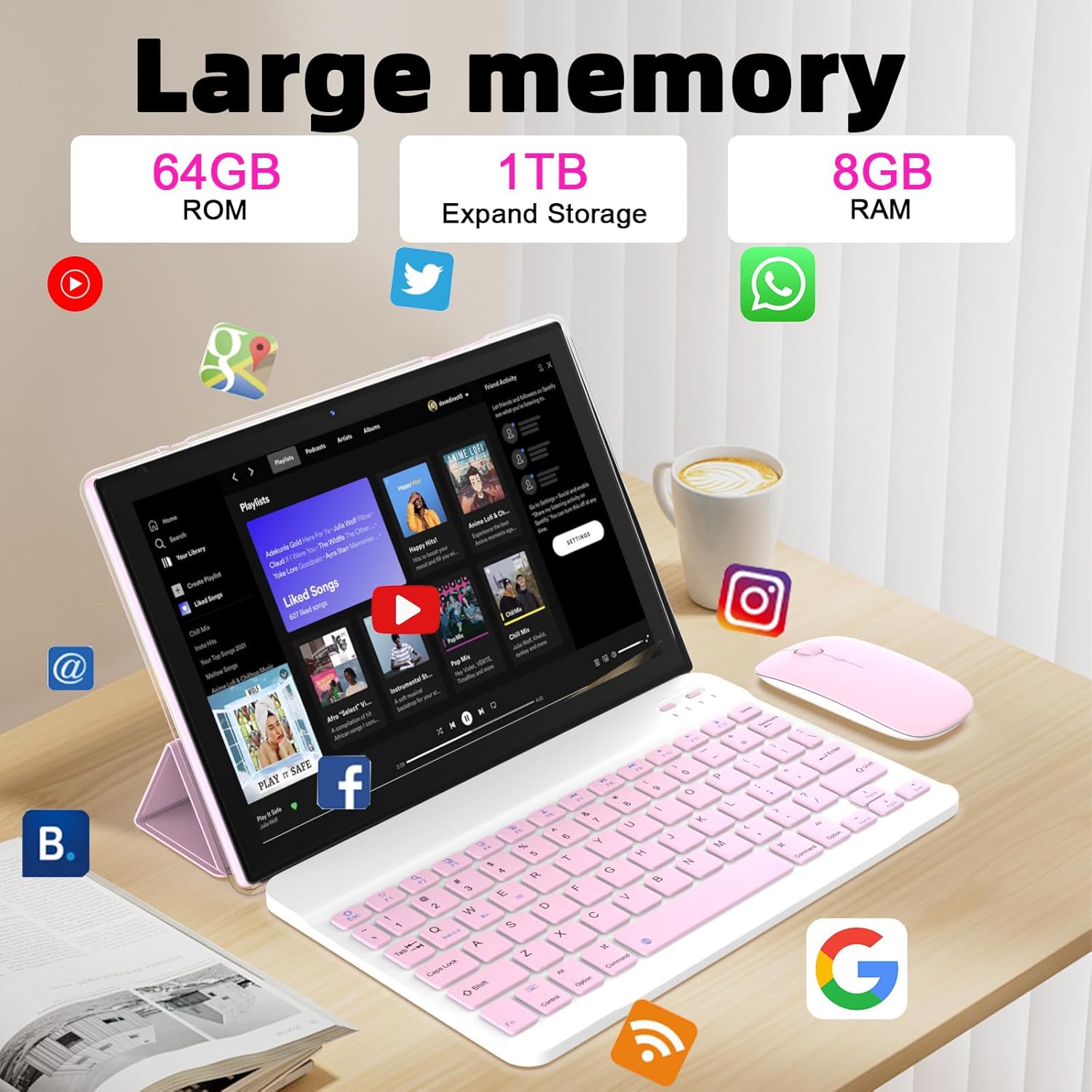 Android 14 Tablet, 10 Inch 8GB RAM+64GB ROM+1TB Expand, 1.8Ghz Quad-core Processor, 2 in 1 Tablets with Keyboard/Mouse/Case/Stylus, 8MP Camera, 6000mAh Battery, 1280 * 800 HD Screen, 5G WiFi 6 Tablet