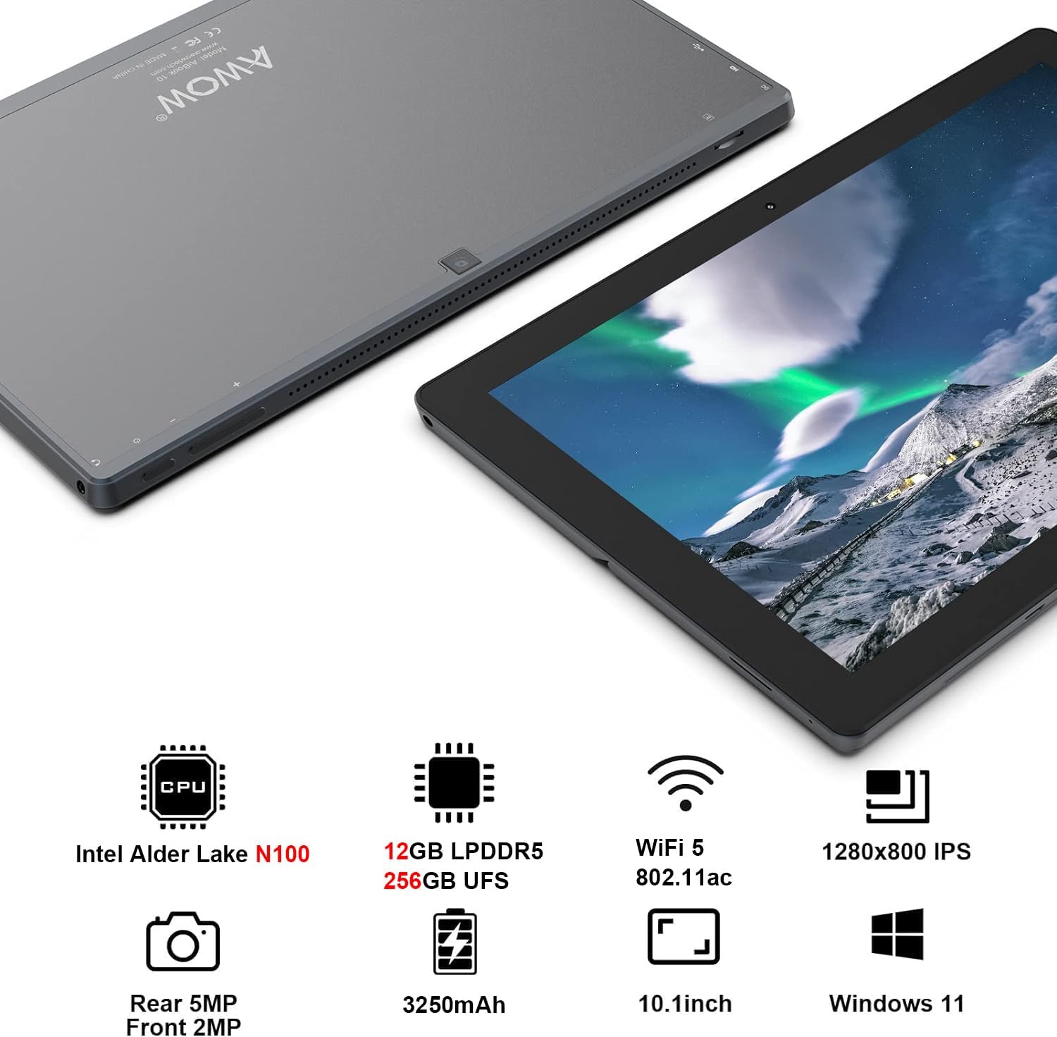 AWOW Windows 11 Tablet PC Intel N100 Quad-Core Processor, 12GB DDR5 RAM 256GB Storage, 10.1 Inch 2 in 1 Laptop Touchscreen with Detachable Keyboard, 2.4G+5G WiFi, Bluetooth, USB3.0, HDMI