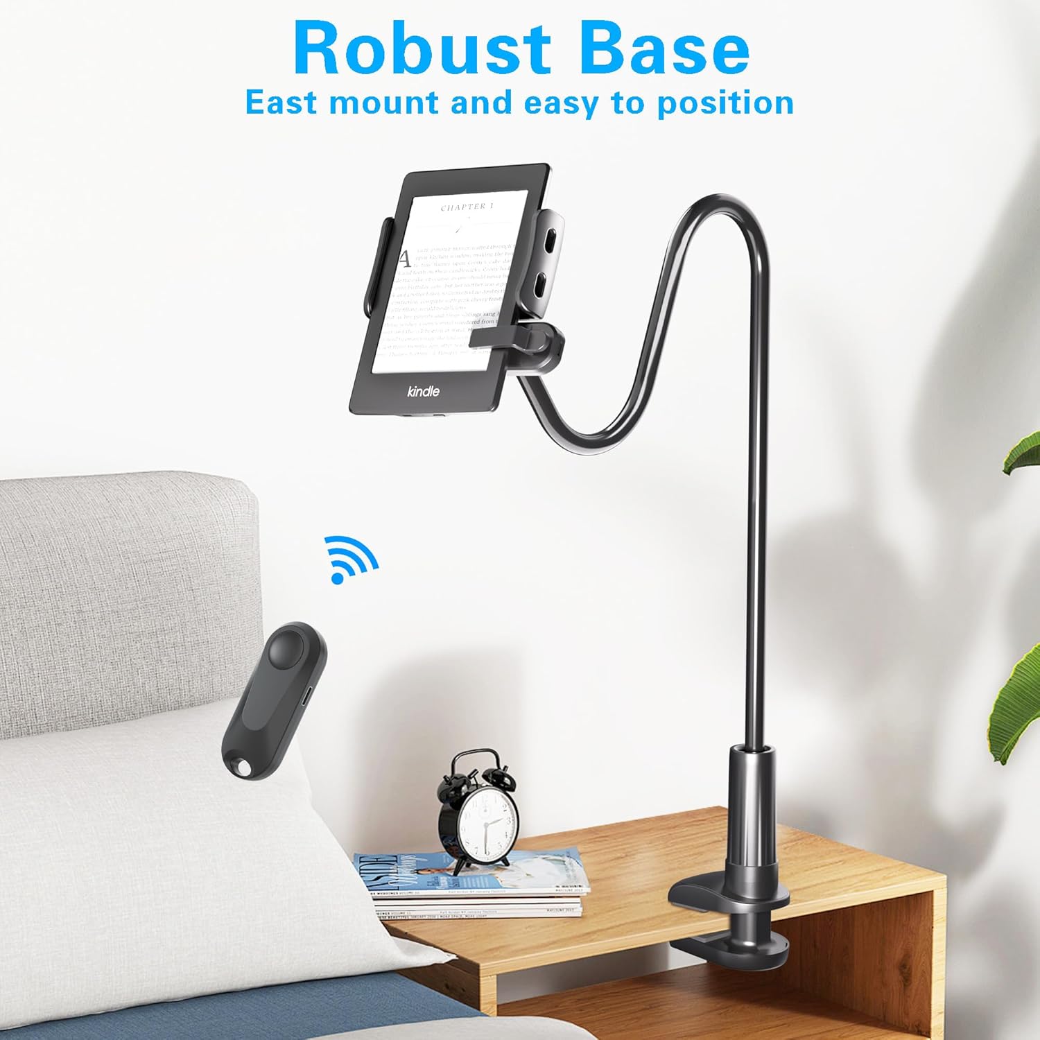 Gooseneck Tablet Holder for Kindle Reading in Bed with Page Turner Remote, Hands Free Desk Bedside Lazy Arm Stand for Kindle Accessories, Gifts for Readers