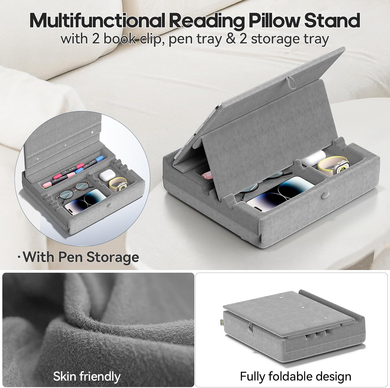 KDD Book Stand with Storage, Multi-Angle Viewing Reading Tablet Holder for Lap, Bed, Desk and Couch, Foldable I-pad Pillow Holder with Organizer Tray for Book,Tablet, Cell Phone, E-Reader (4.7-15)