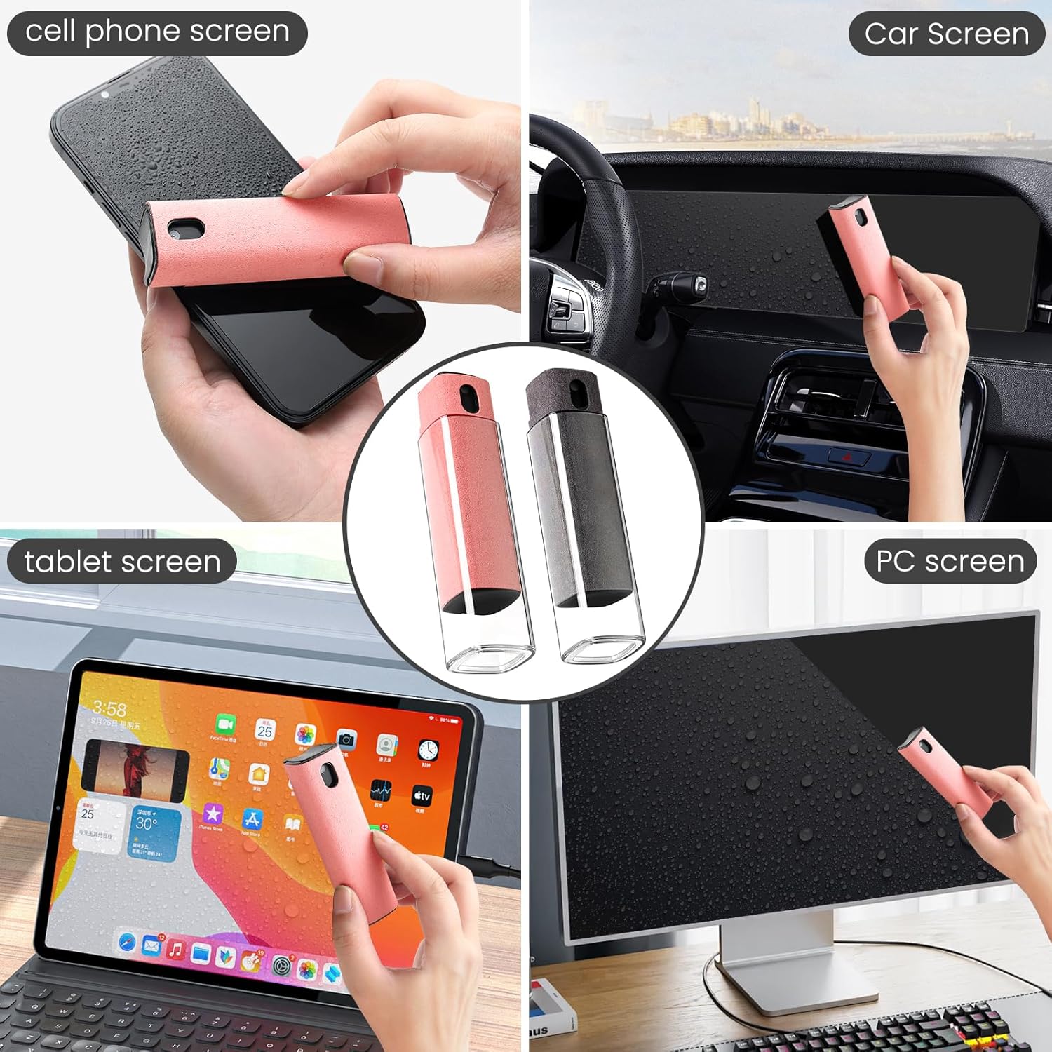 Touchscreen Screen Cleaner Kit 2 Pcs, Phone, Tablet and Car Screen Cleaner, Two in One Spray and Microfiber Cloth(GreyPink)