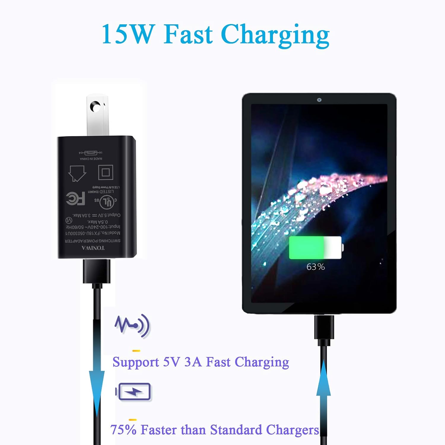 USB-Type C 5V3A Fast Charger for Samsung Galaxy Tab S9 S8 S7, S6, S5e, S4, S3, Tab A7 10.4, A9+ 12.4, A8 10.5 Tab A 10.1 SM-T510, Tab A 8.4, 8.0 SM-T380/387/307/610 SM-X210/710/810 Tablet Charger