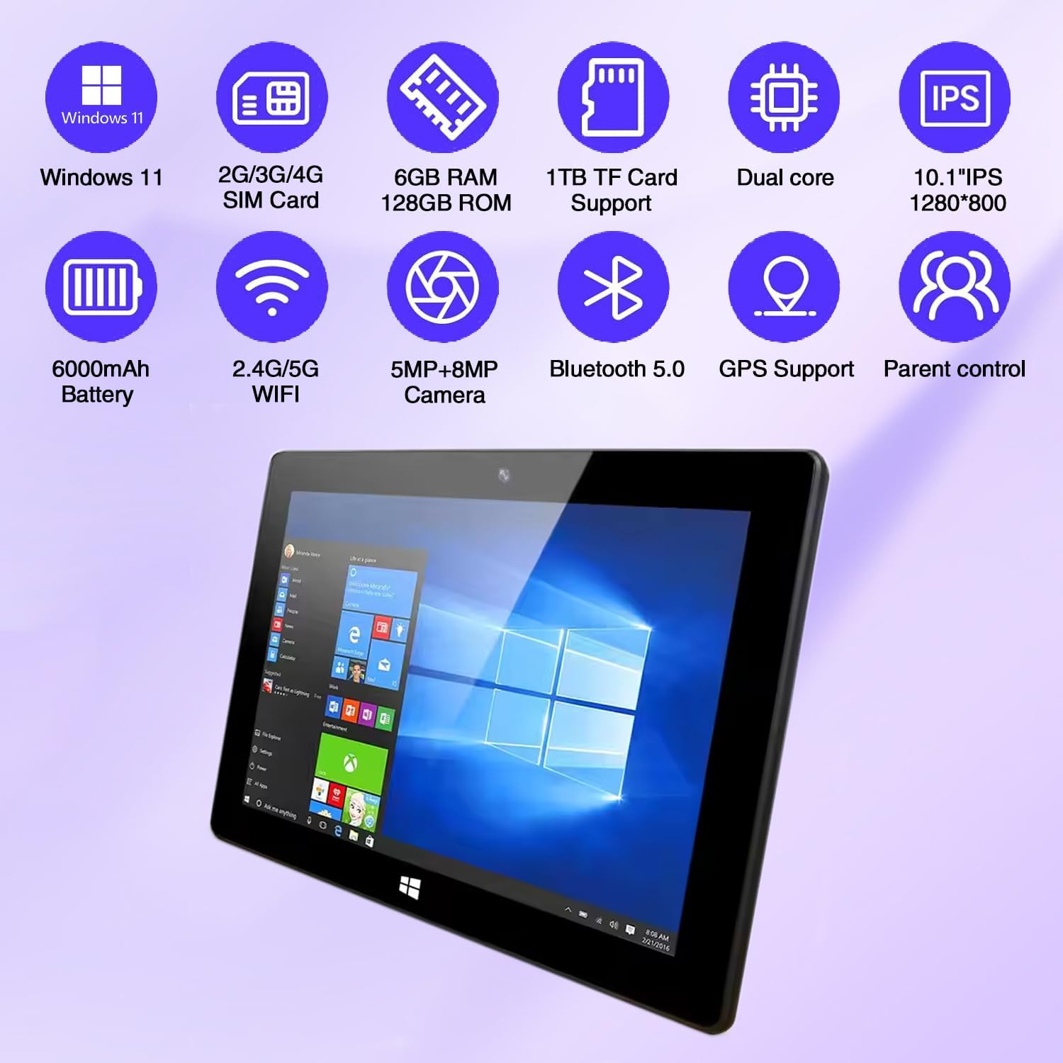 Windows Tablet 4G LTE，Windows 11 Unlocked Tablet with SIM Card Slot, 128GB ROM+6GB RAM, 10 Inch Tablets Window 5MP+2MP Camera 5G WiFi GPS/BT/6000mAh/1280 * 800 IPS Screen/Cellular Tablet