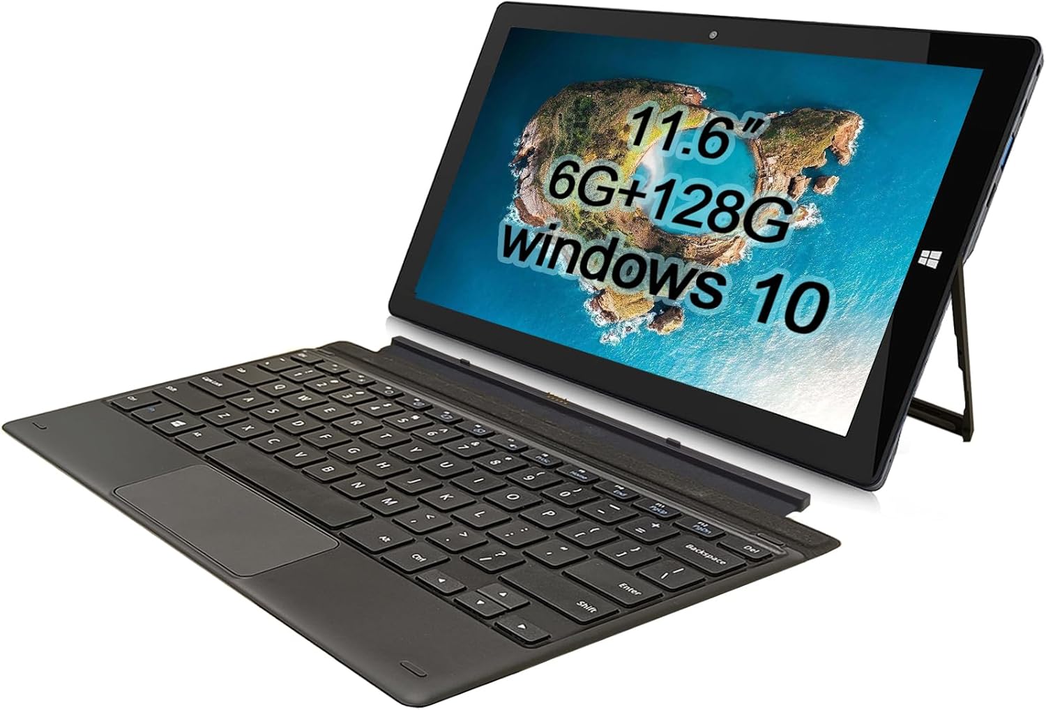 Windows Tablet with Keyboard, 11.6 inch 2-in-1 Tablets Laptops Touchscreen Windows 10, Intel Celeron, 1920 * 1080 IPS 6GB RAM 128GB EMMC 2.4G/5G WiFi Bluetooth HDMI USB