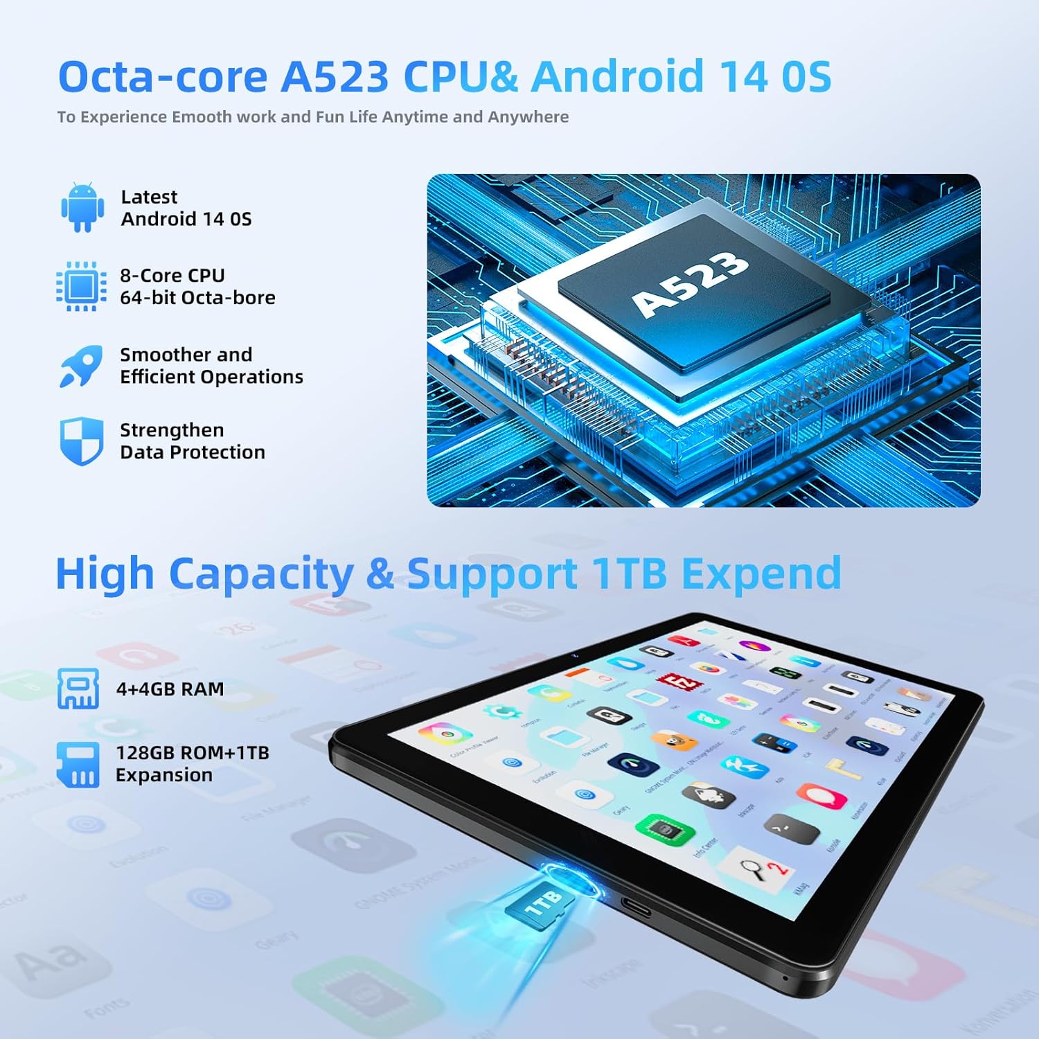 2024 Newest Tablet 10 inch Android 14 Tablets, 10GB RAM+128GB ROM+1TB Expand, Octa-Core 2.0GHz, 1280 * 800 IPS Incell Display, 6000mAh, 5MP+8MP Camera, 5G+2.4G Wi-Fi/Bluetooth 5.4, Widevine L1