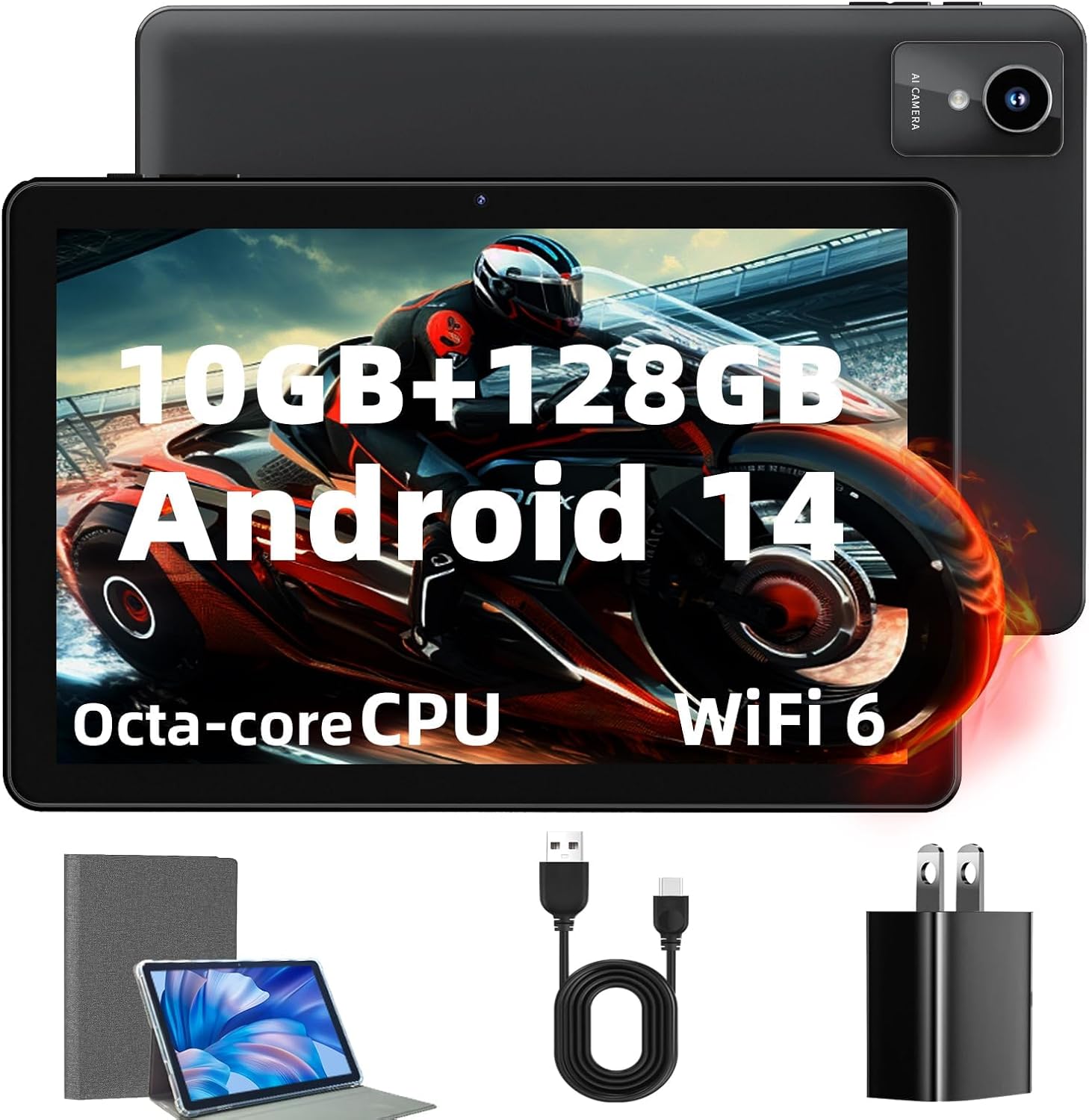 2024 Newest Tablet 10 inch Android 14 Tablets, 10GB RAM+128GB ROM+1TB Expand, Octa-Core 2.0GHz, 1280 * 800 IPS Incell Display, 6000mAh, 5MP+8MP Camera, 5G+2.4G Wi-Fi/Bluetooth 5.4, Widevine L1