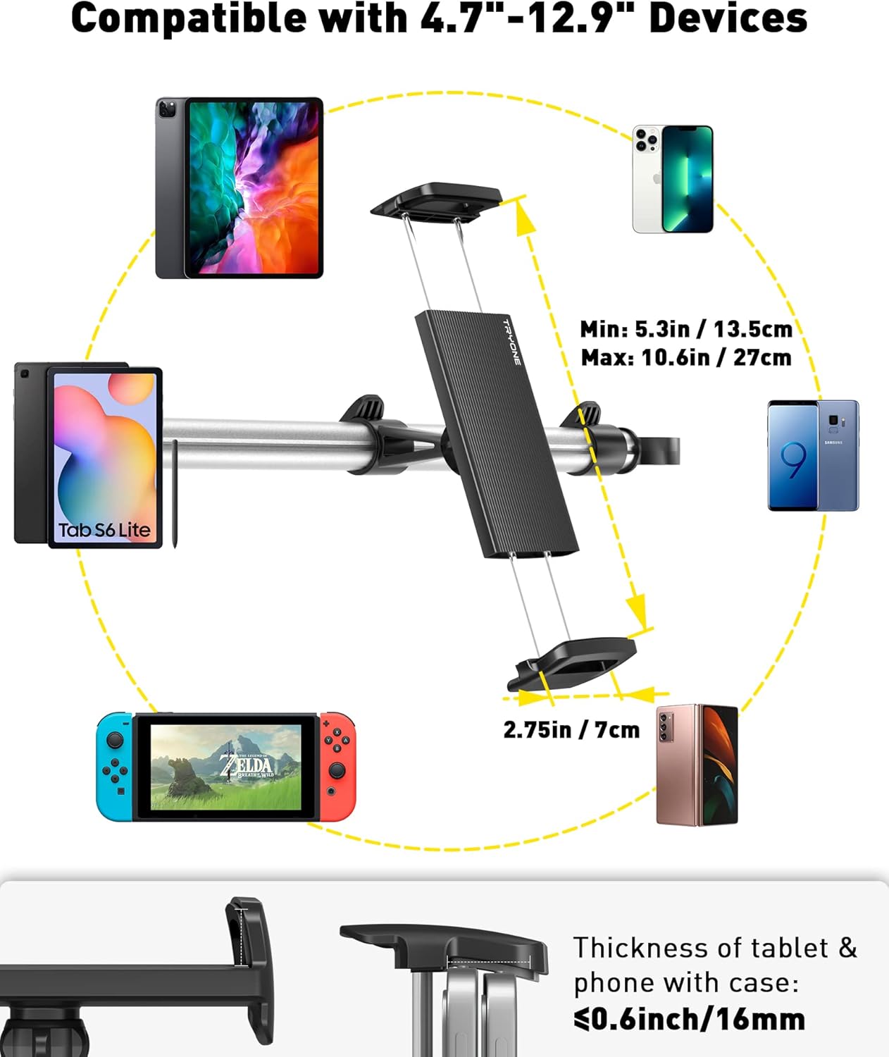 Car Tablet Holder Mount for iPad: Headrest Tablet Stand for Car Back Seat Compatible with iPad Pro Air Mini | Galaxy Tab | Kindle Fire HD | Switch OLED or Other 4.7-13 Devices