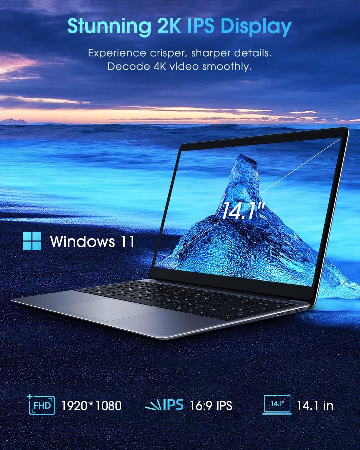 CHUWI HeroBook Pro 14.1 Laptop, 256GB SSD 8GB RAM, Windows 11 Laptop, 1TB SSD Expand, Intel Celeron N4020(up to 2.8GHz), 2K FHD IPS Display, Ultra Slim, Mini-HDMI, 5G WiFi, USB3.0, Webcam,TF Card