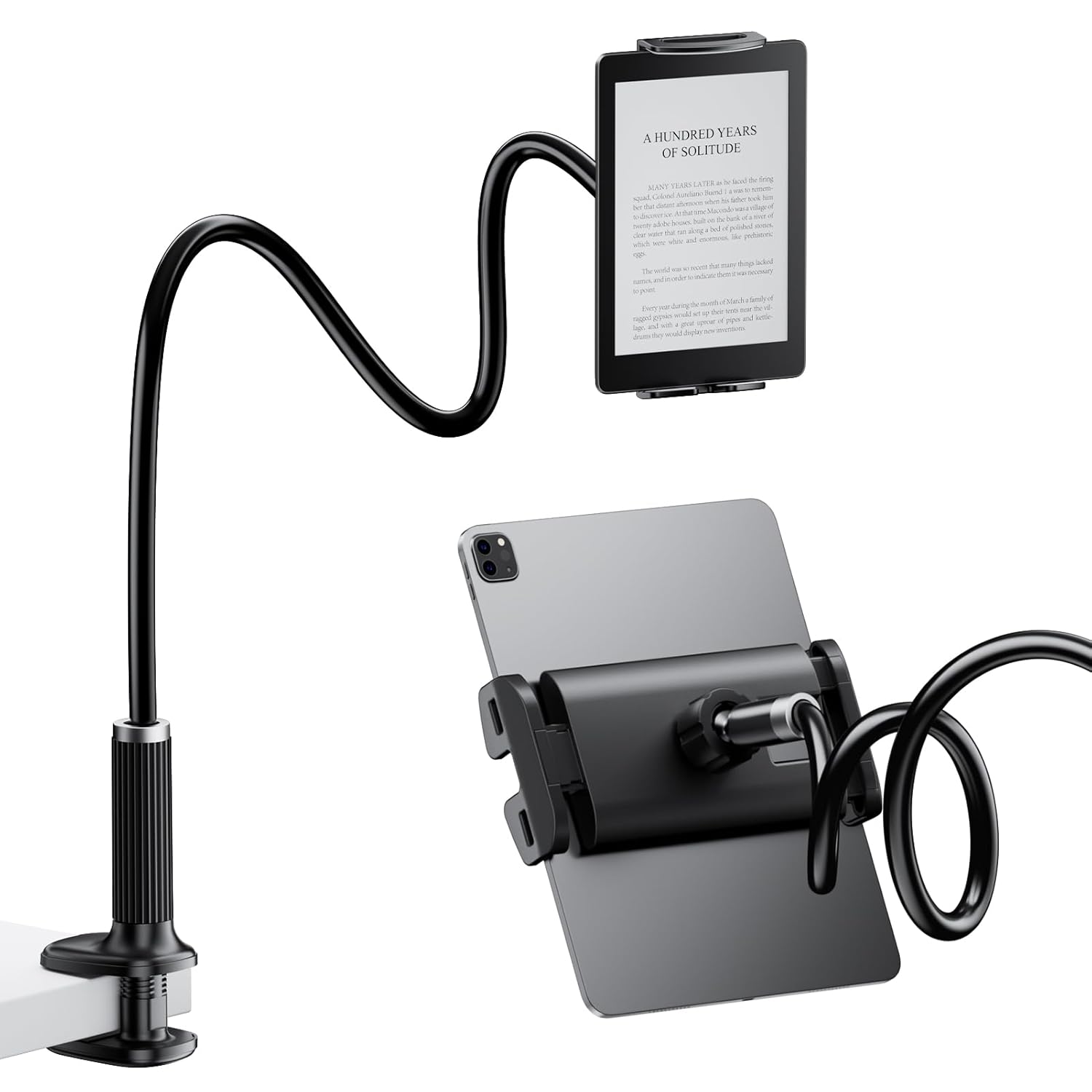 FlyCoco Gooseneck Tablet Stand Holder, [Upgraded] Mount Holder Clip with Flexible Long Arm for Bed, Compatible with iPad Pro Air/iPhone/Kindle Fire/Switch or Other 4-13 Device, Black