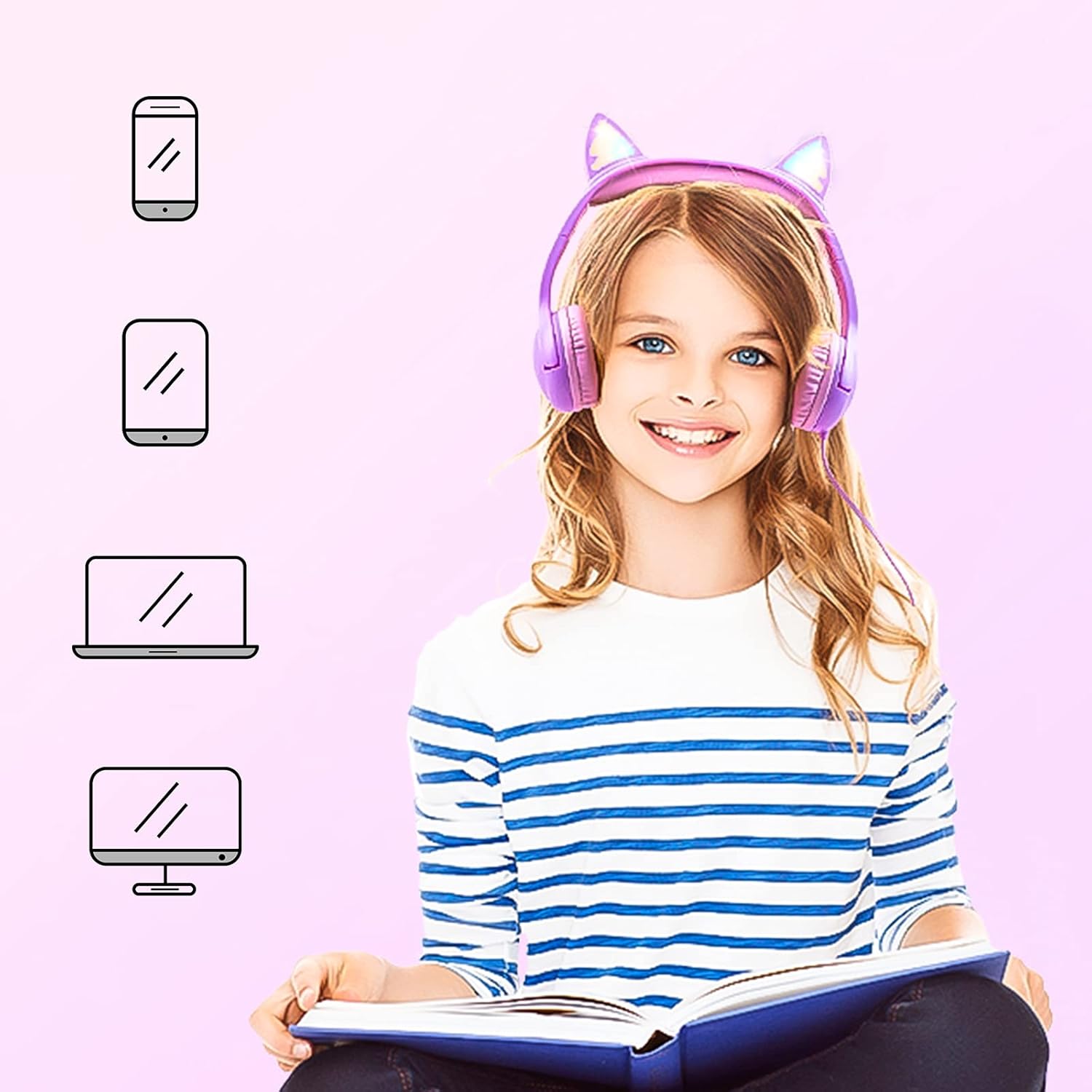 Kids Headphones, Safe 85db Volume Control Light Up Cat Ear Headphones for iPad Fire Tablet Kindle, On-Ear LED Children Headphones for School Learning Travel - Purple/Pink