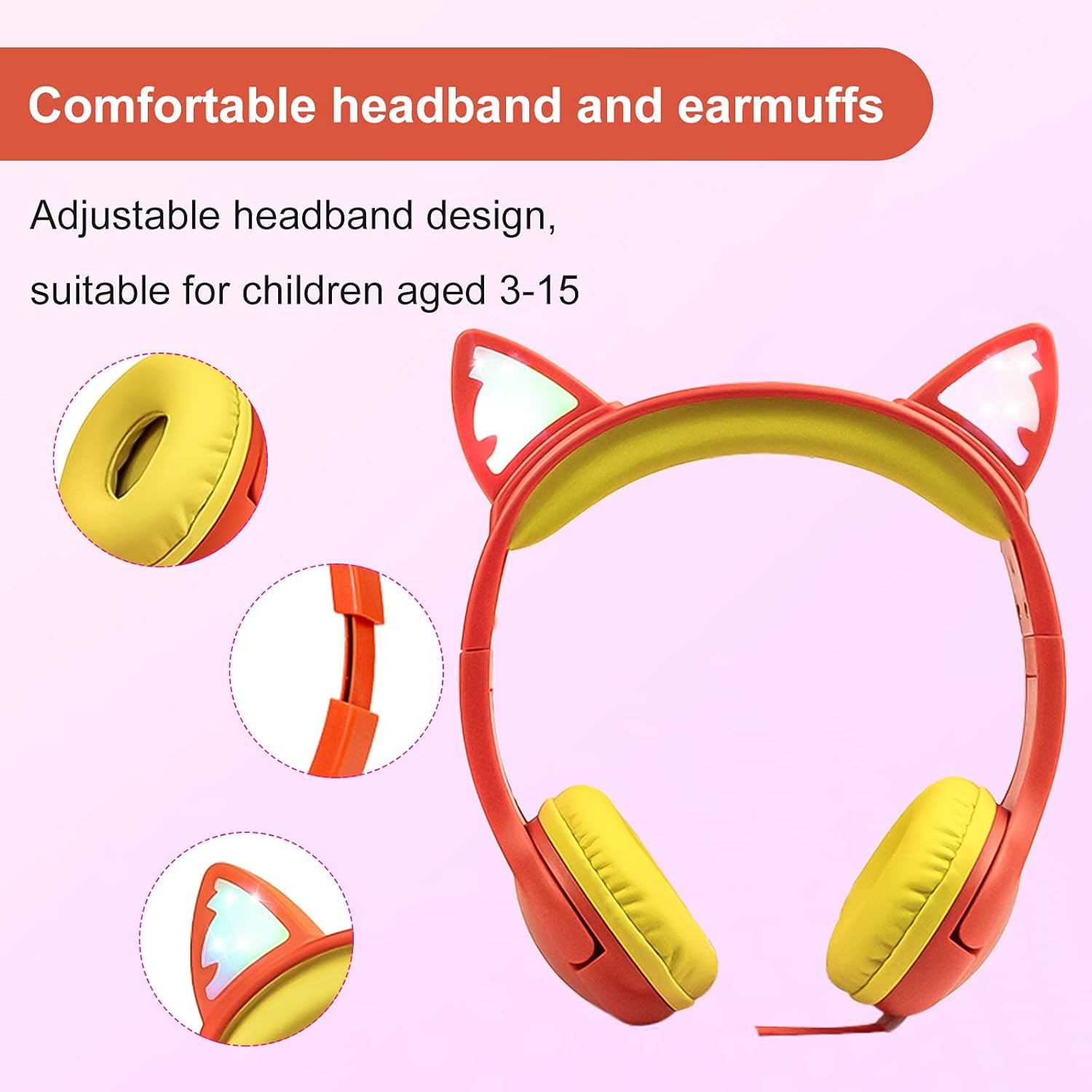 Kids Headphones, Safe 85db Volume Control Light Up Cat Ear Headphones for iPad Fire Tablet Kindle, On-Ear LED Children Headphones for School Learning Travel - Purple/Pink