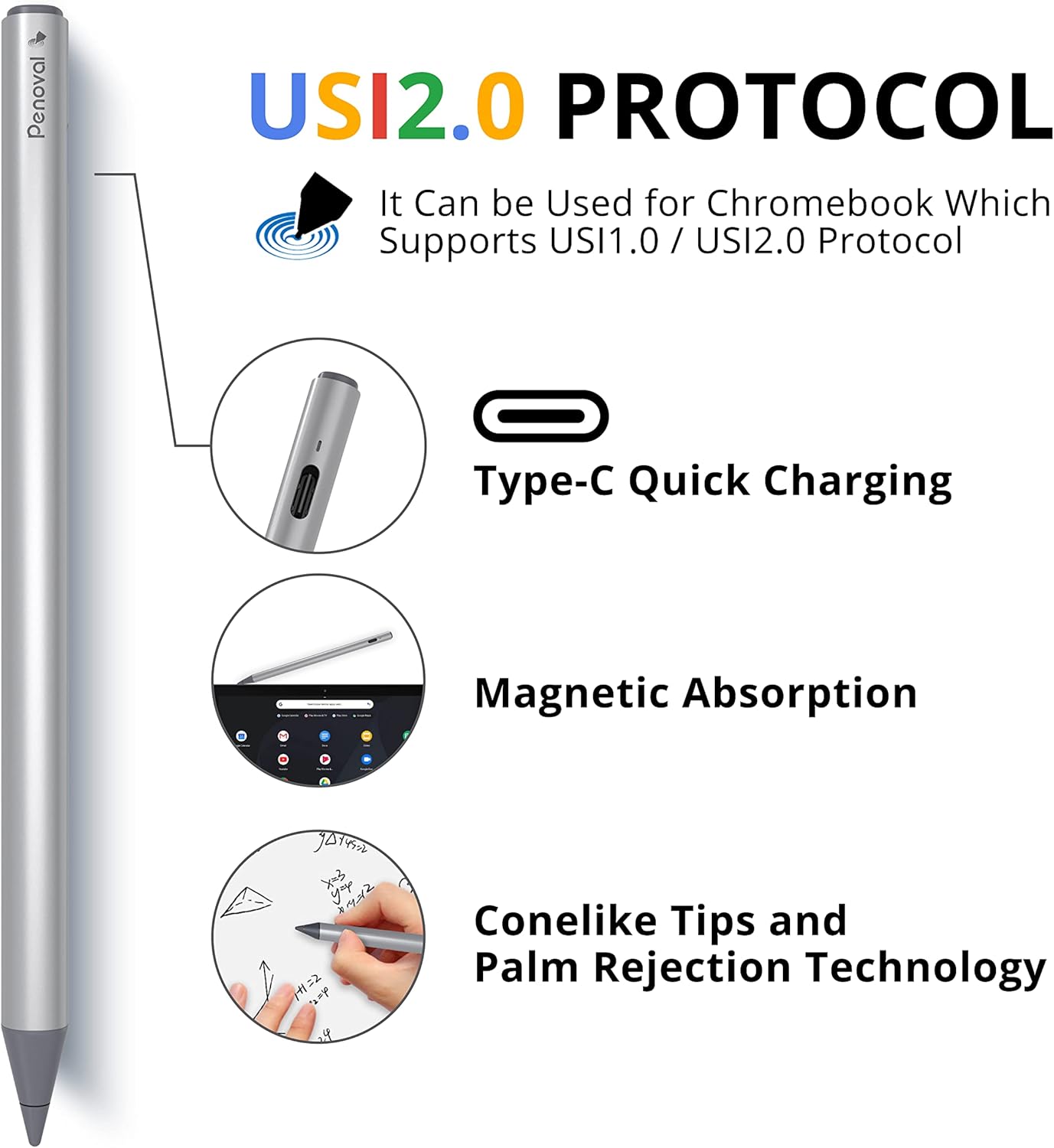 Penoval USI2.0 Stylus Pen for Some Chromebook Model, 4096 Levels Pressure for Lenovo chromebook Duet, ASUS chromebook C436, HP chromebook X360 12b, HP chromebook X360 14b Google Pixel Tablet, USI2.0